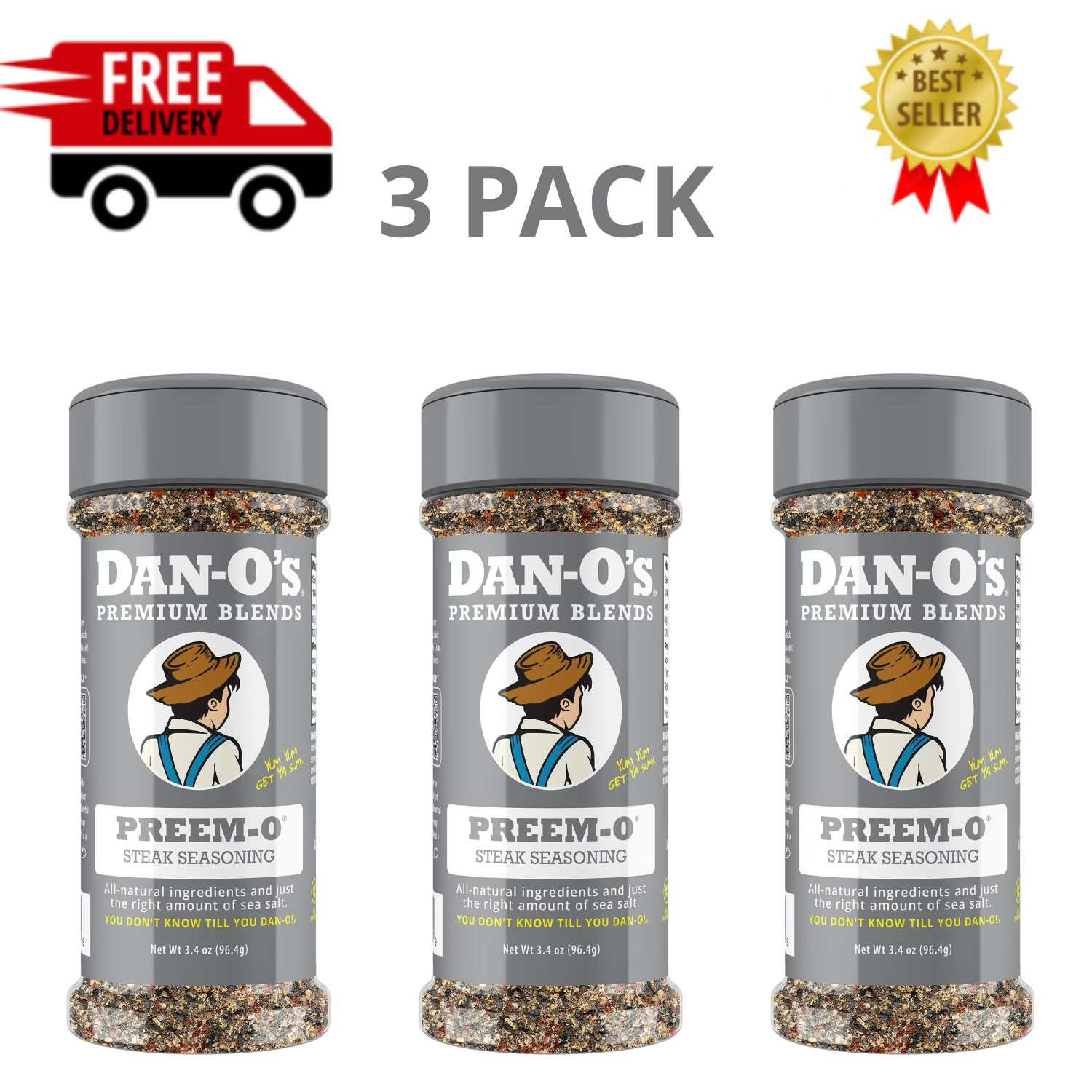 Dan-O’s Preem-O Steak Meat Seasoning All Purpose Pepper Garlic 3.4 oz, 3 Pack