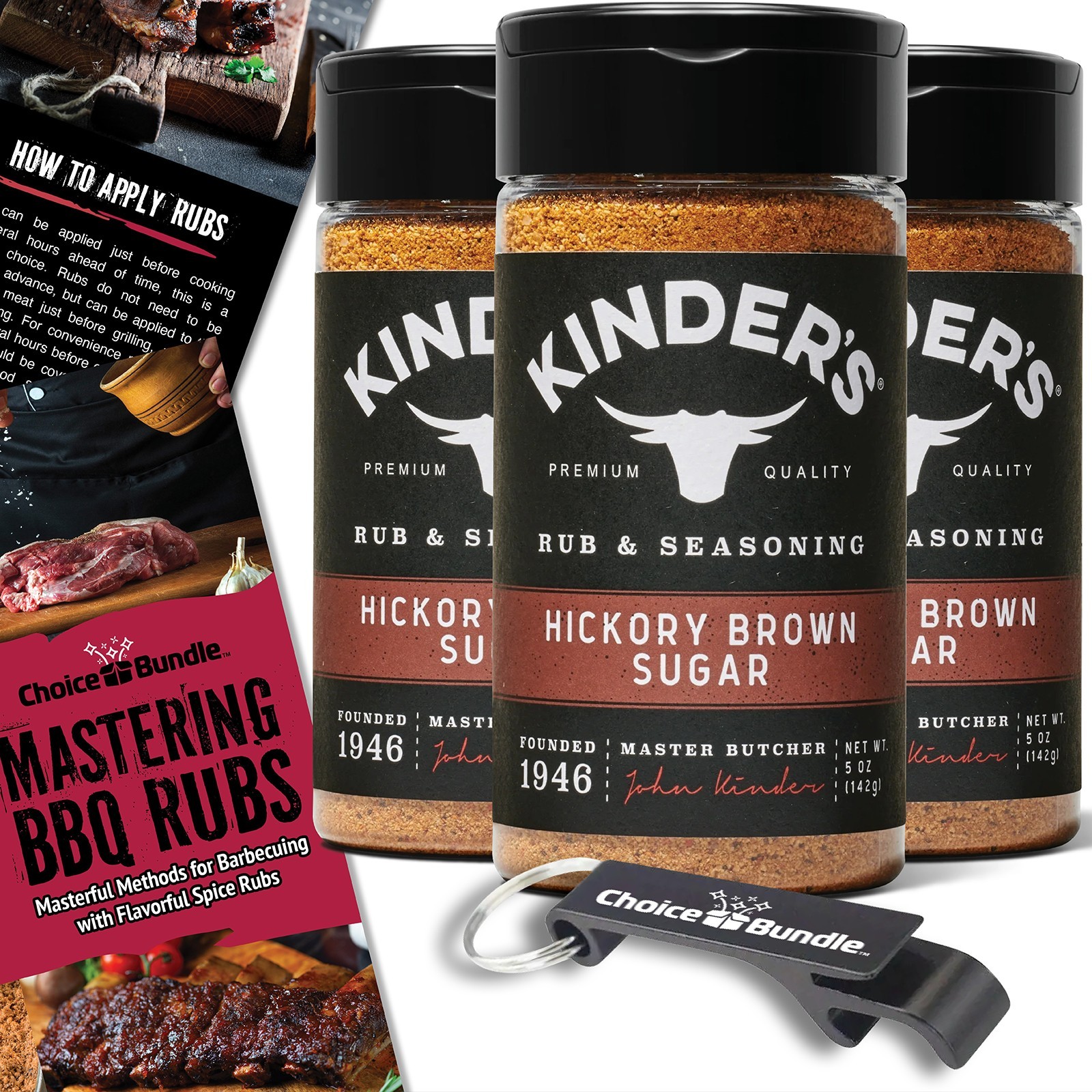 Kinder’s Hickory Brown Sugar BBQ Rub 5 oz 3 Pack + Guide & Bottle Opener