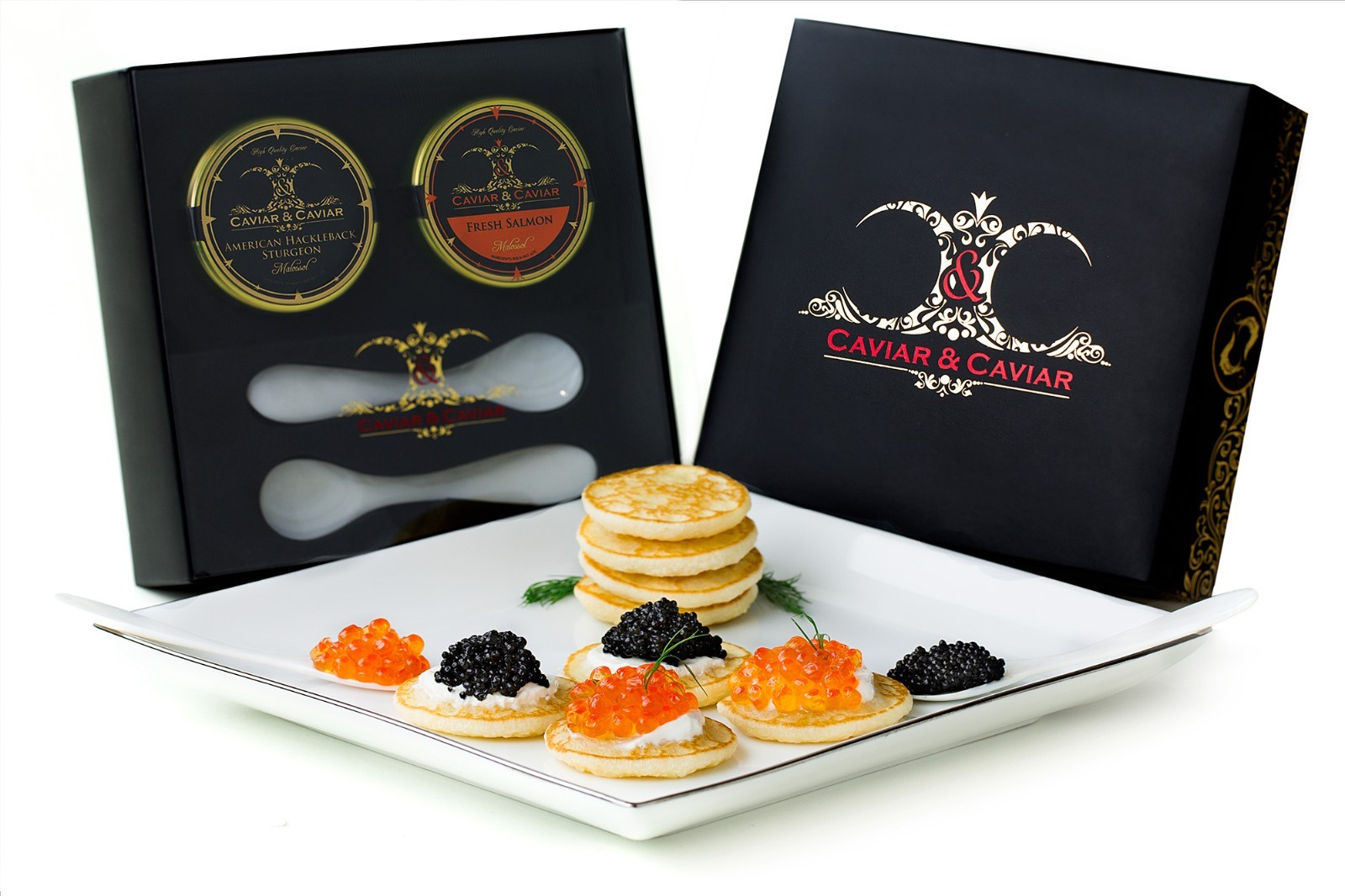 Caviar GIFT BOX 1oz American STURGEON Caviar & 1oz Salmon Roe Blini + 2 Spoons