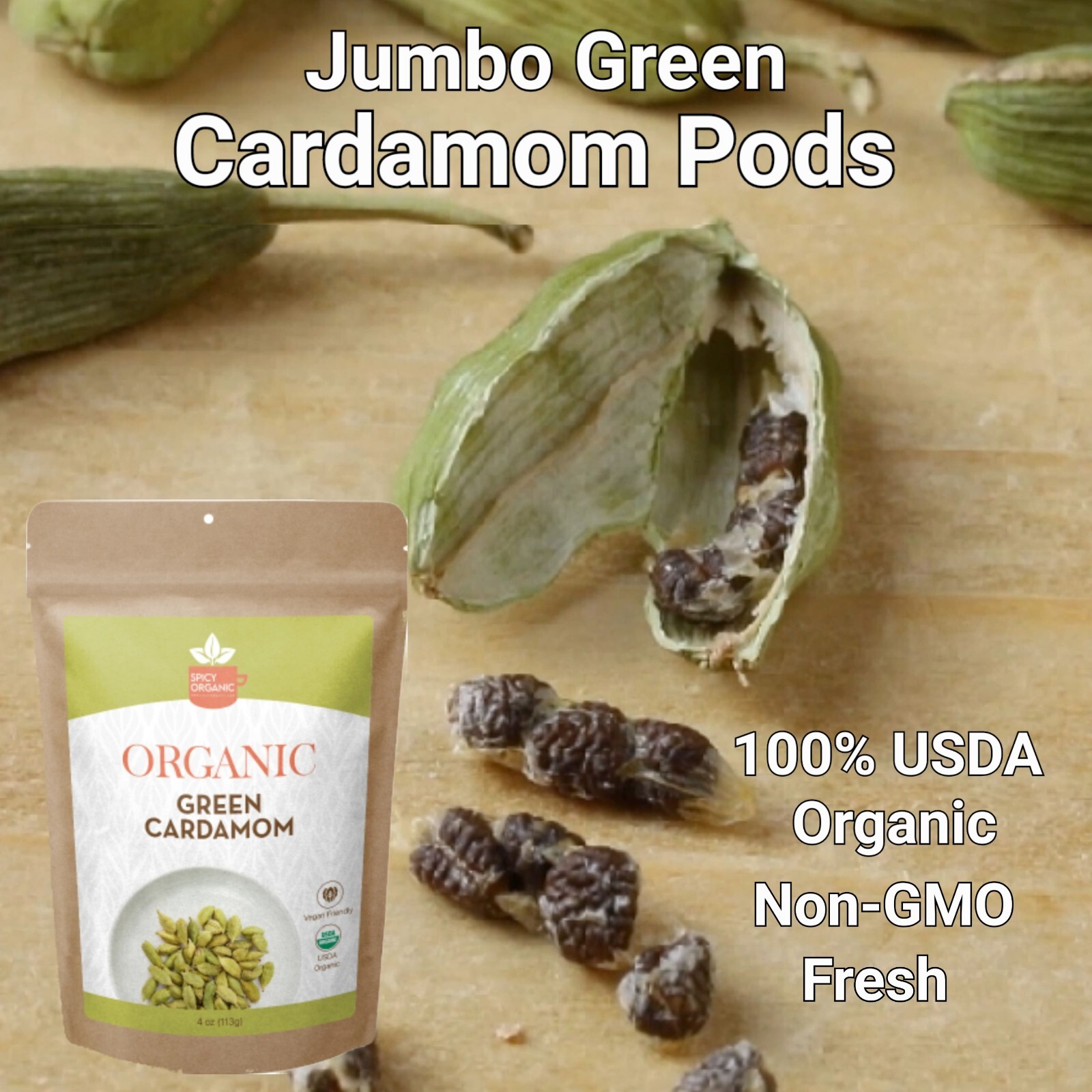 Cardamom Pods USDA Organic Green Fresh Seeds 4oz, Non-GMO, Gluten Free