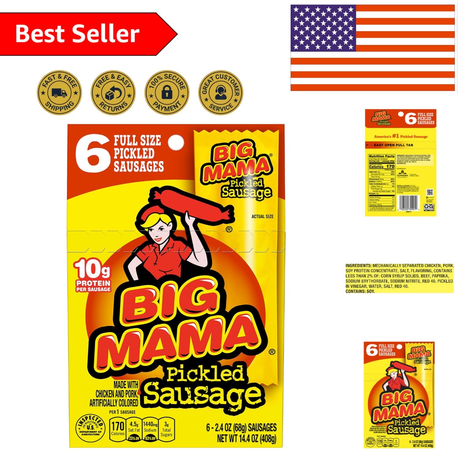 Delicious Big Mama Pickled Sausages, 2.4 Oz (6 Pack) – Gourmet Snack Anytime