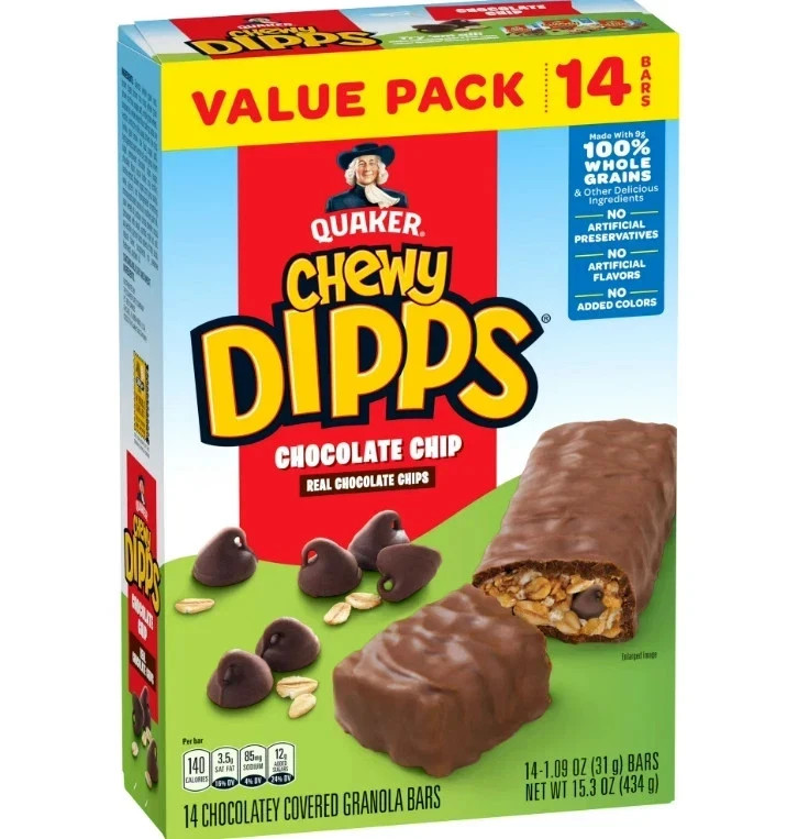 Quaker Chewy Dipps Chocolate Chip Granola Bars are a fun choice , 1.09 oz 14 Ct
