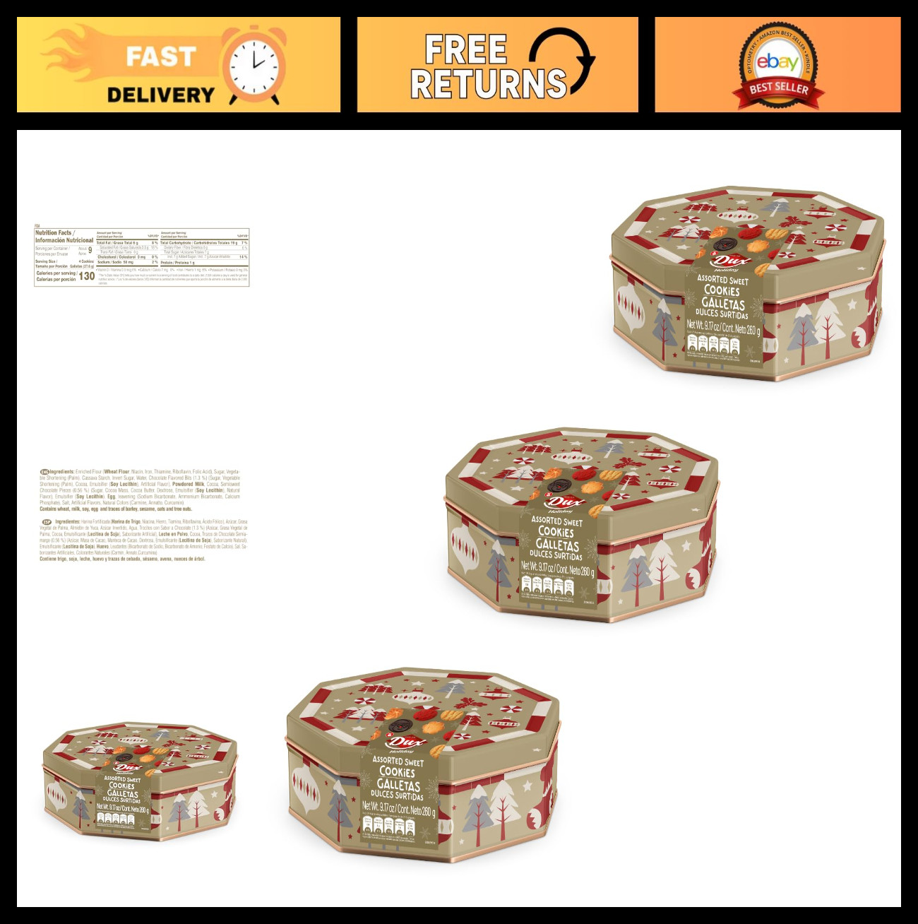 Assorted Holiday Cookies Tin Set – 3-Pack Octagonal, Chocolate & Vanilla, 9.17 o