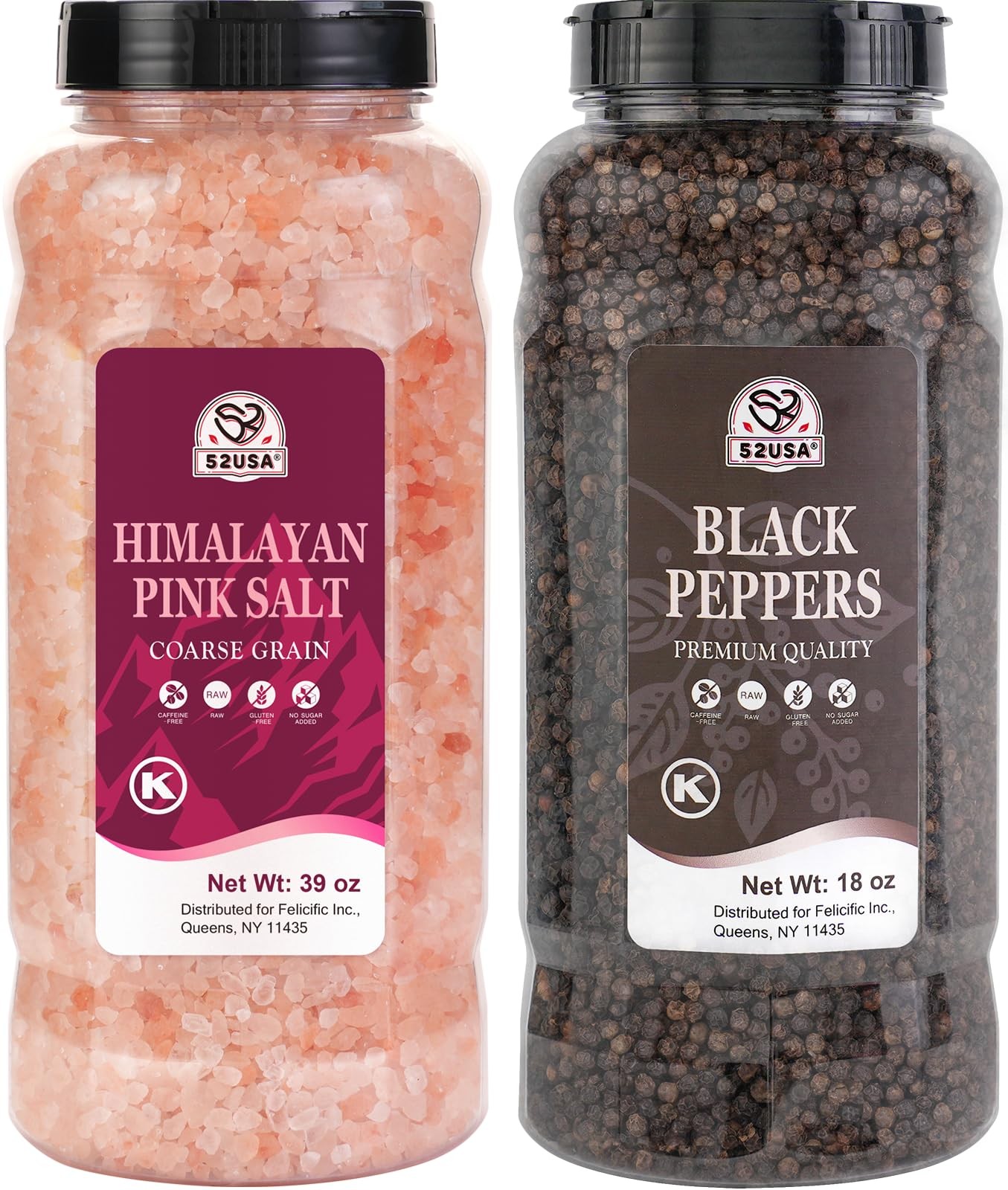 52USA Whole Black Peppercorns 18 oz + Himalayan Pink Salt (Coarse Grain) 39 o…