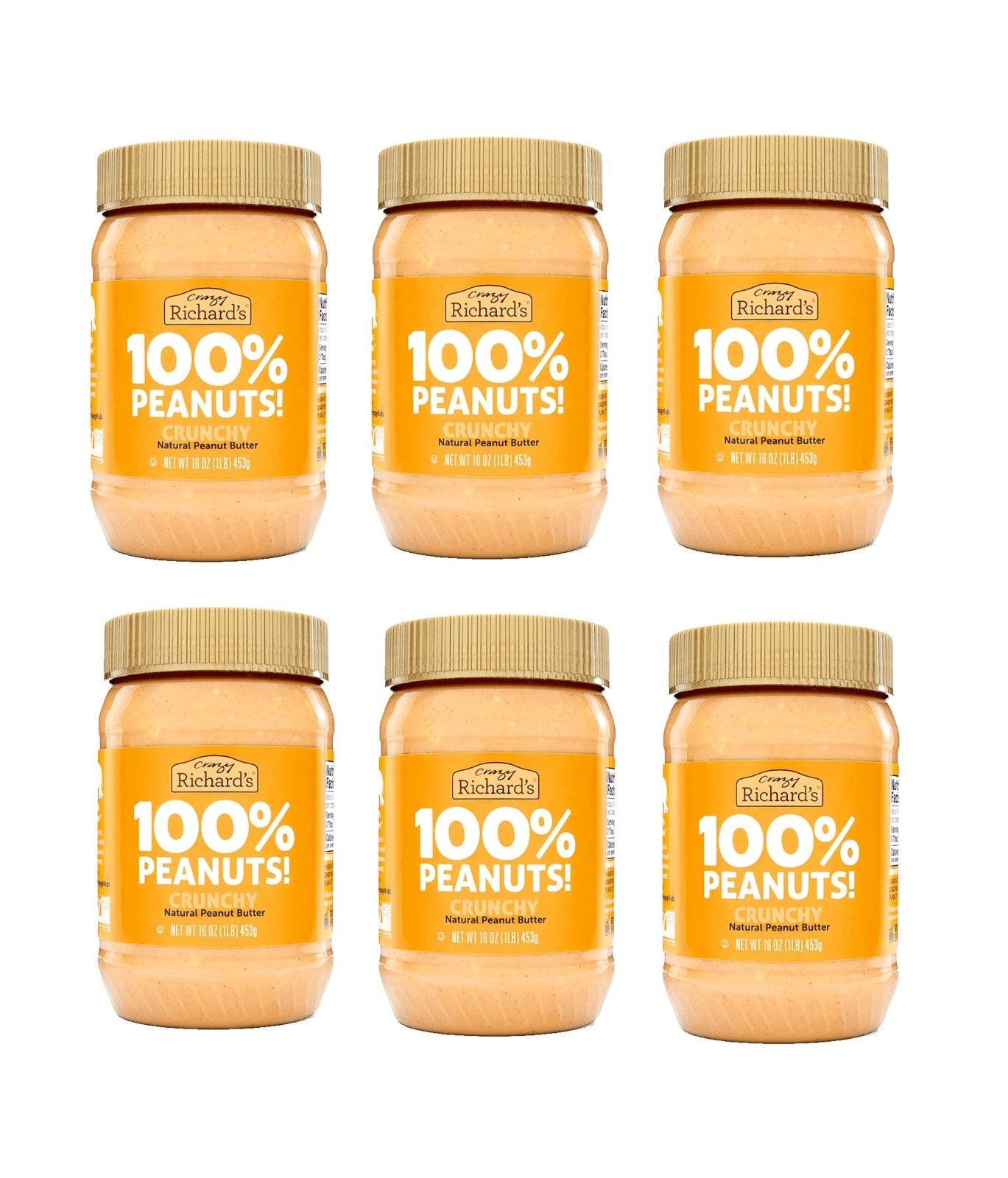 6 Pack Crazy Richard’s Crunchy Peanut Butter 16 oz Jars All Natural 100% Peanuts