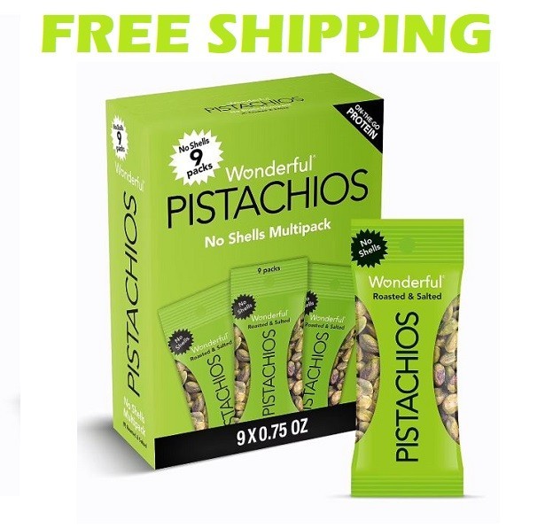 Wonderful Pistachios, No Shells Roasted & Salted Nuts, 0.75 Ounce Bags Pack of 9