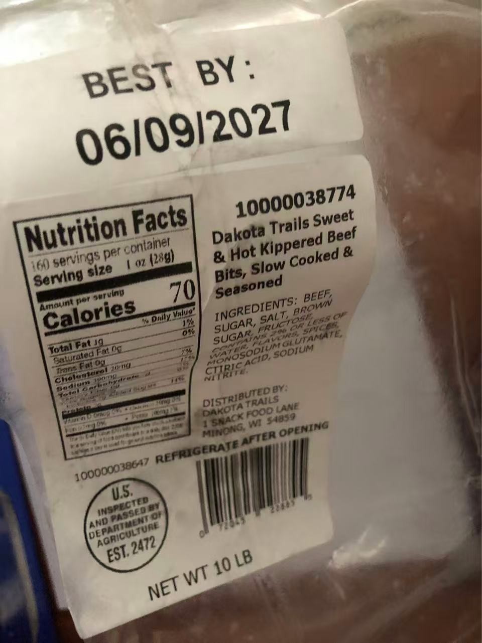 10 LB Dakota Trails Sweet & Hot Kippered Beef Jerky Bits
