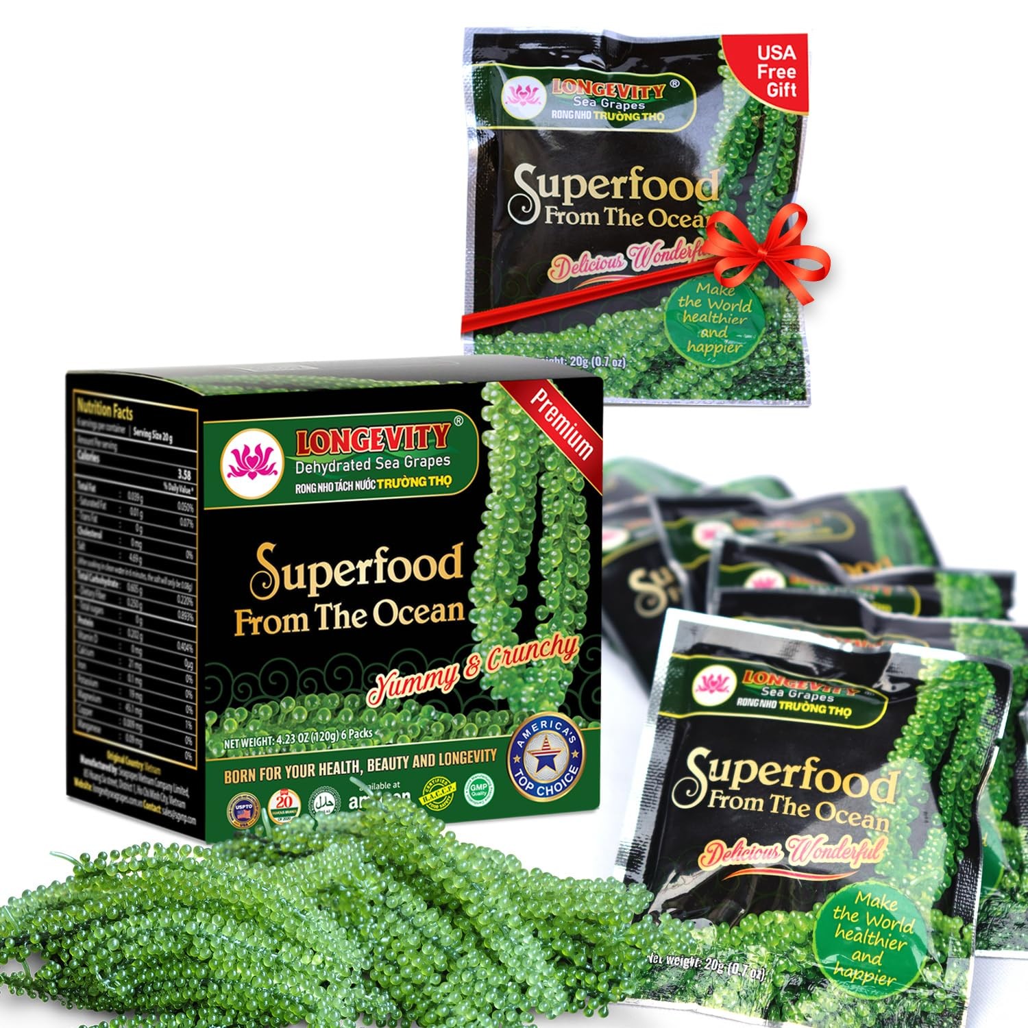 Longevity Dehydrated Sea Grapes, 4.23 oz of 6 packs, 4.2 Ounce (Pack 6)
