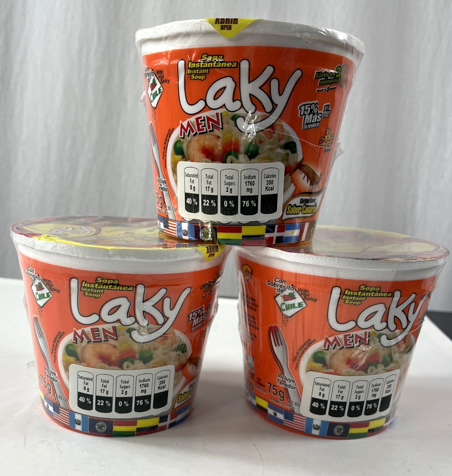 Laky men Shrimp flavor Instant soup 2.65 oz x 3 New. Product of Guatemala