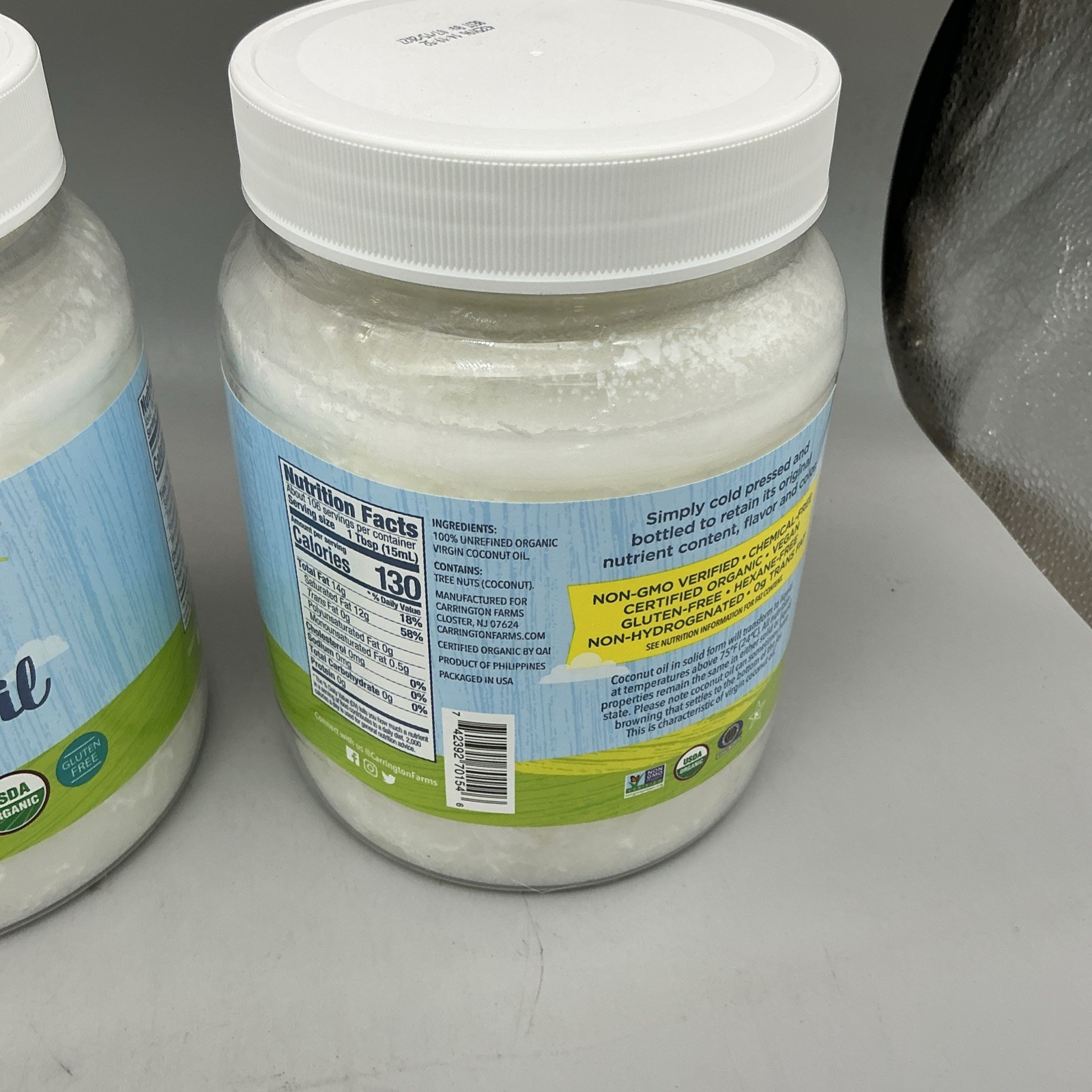 2 Pack Carrington Farms Gluten Free Unrefined Virgin Organic Coconut 54oz 07/27