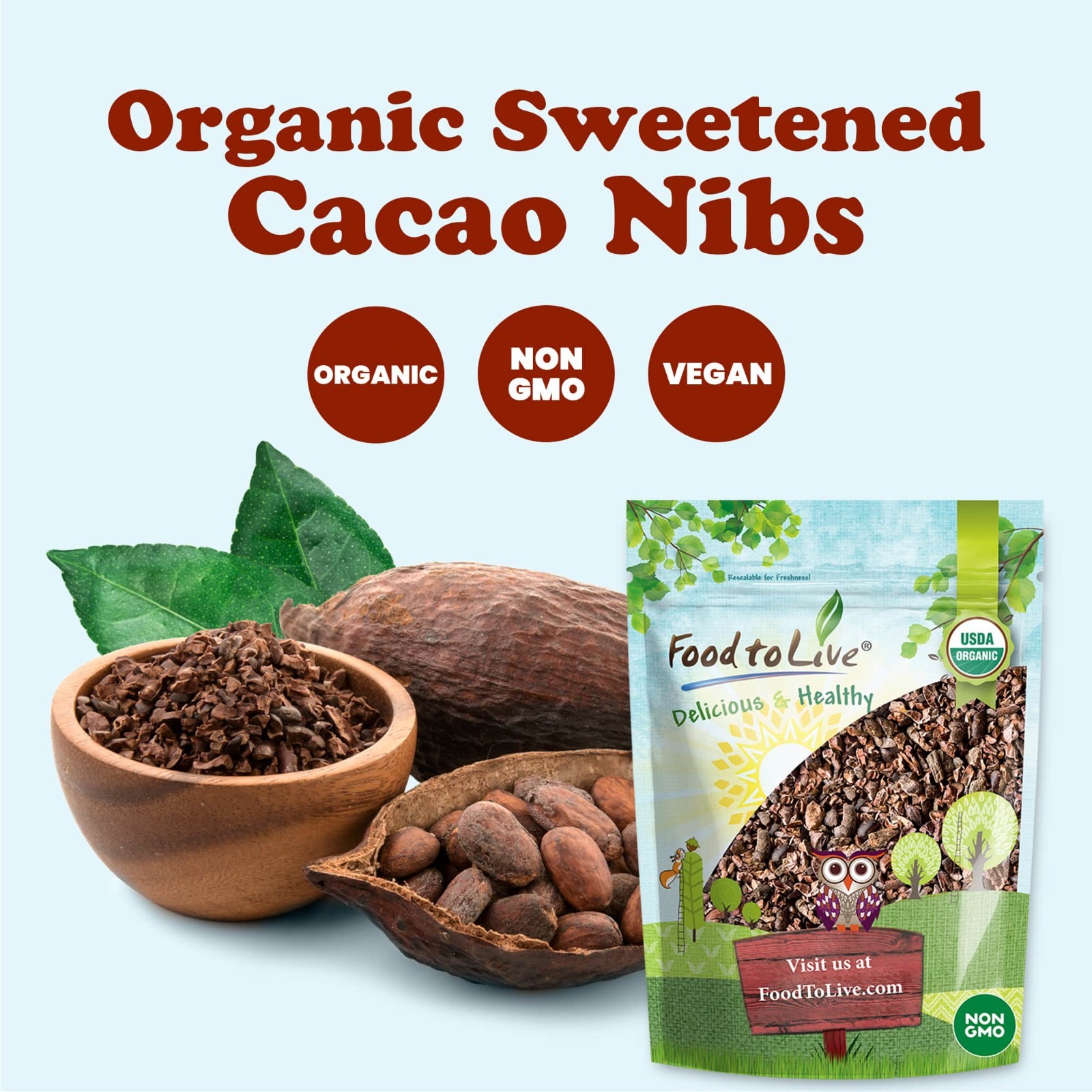 Organic Sweet Cacao Nibs – Non-GMO, Kosher, Lightly Sweetened with Coconut Sugar