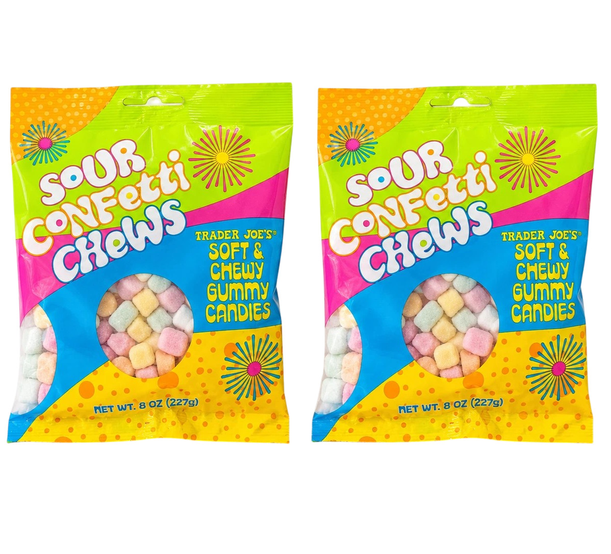 (2) Trader Joe’s 5.29 oz. SOUR CONFETTI CHEWS Soft & Chewy Gummy Candies BB 2/27