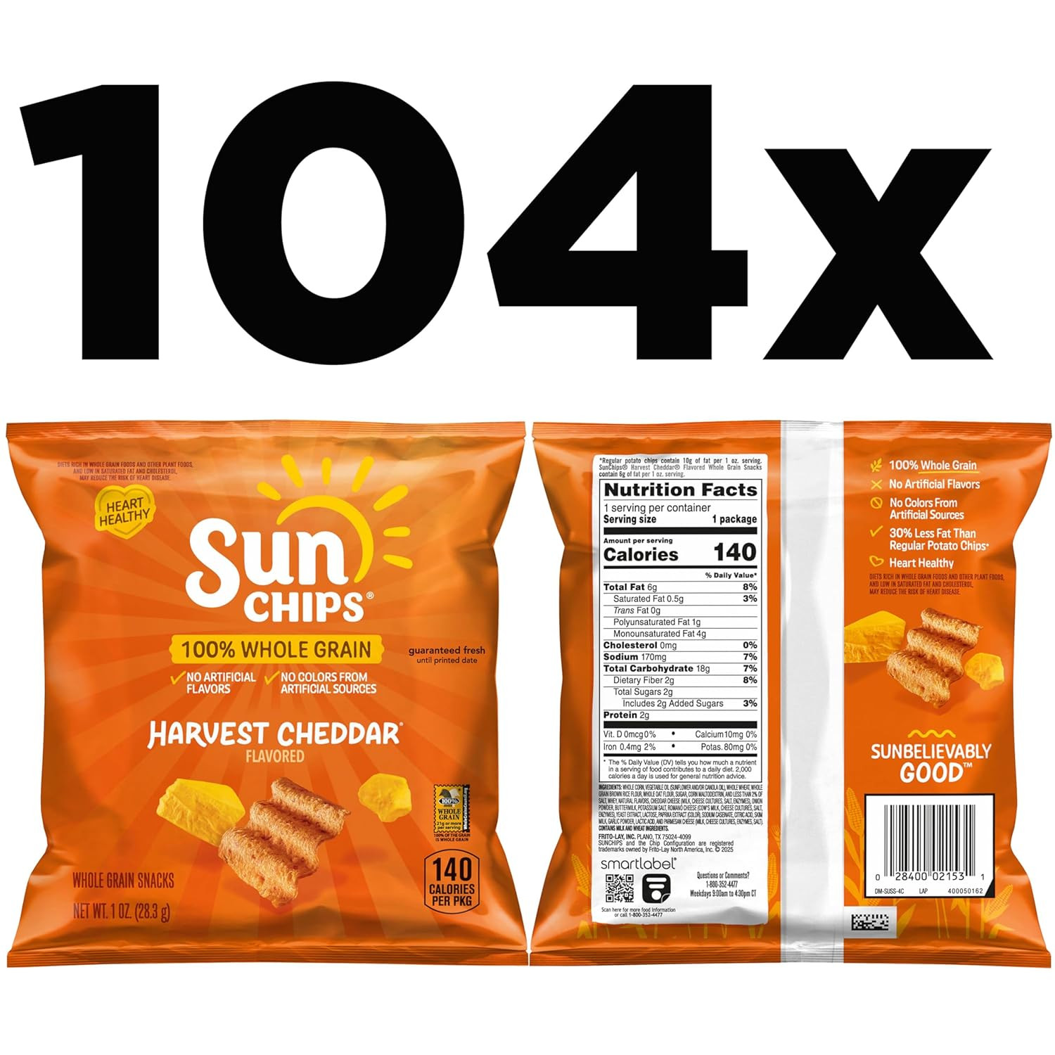 100% Whole Grain Chips, Harvest Cheddar, 1 Oz Bags, Pack of 104, No Artificial F
