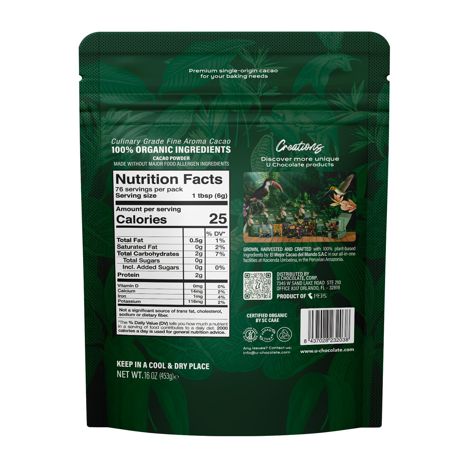 16 Oz Organic Unsweetened Non-Alkalized Cacao Powder for Baking Smoothies