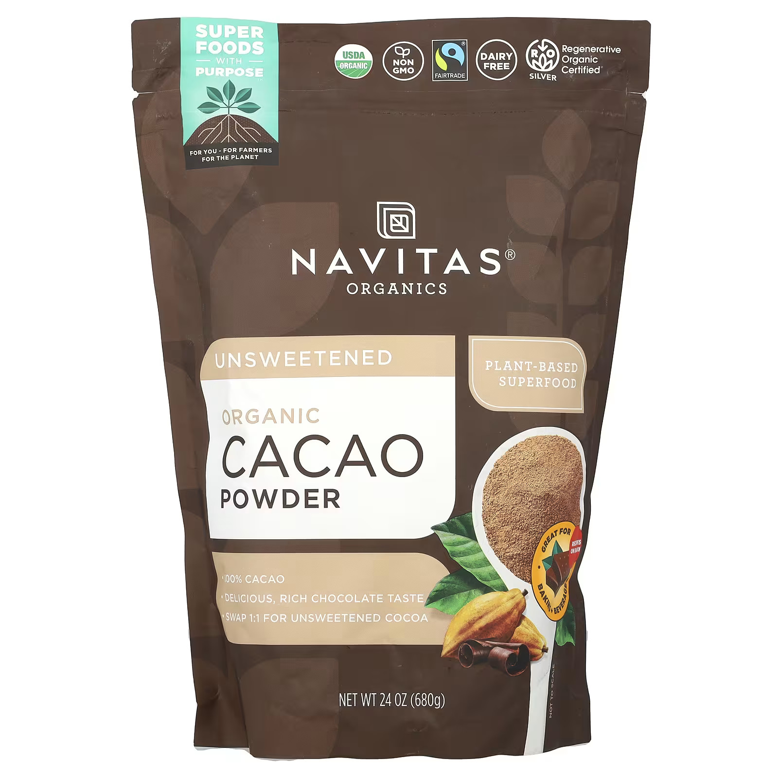 2 X Navitas Organics, Organic Cacao Powder, Unsweetened, 24 oz (680 -Worldwide