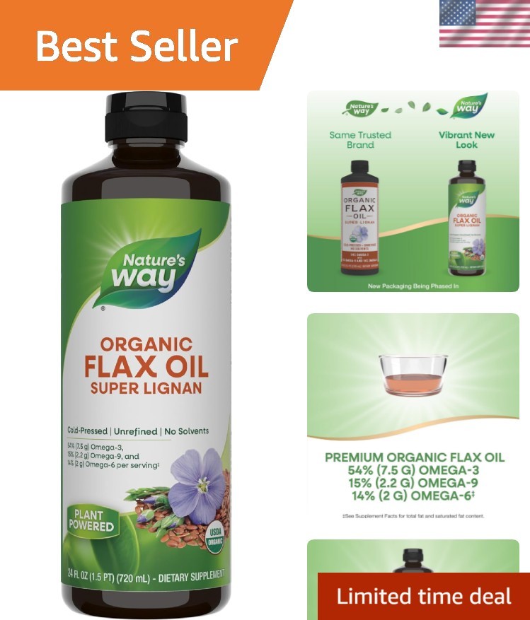 Organic Flax Oil Super Lignan – Cold-Pressed Liquid, 24 Fl Oz for Heart Health