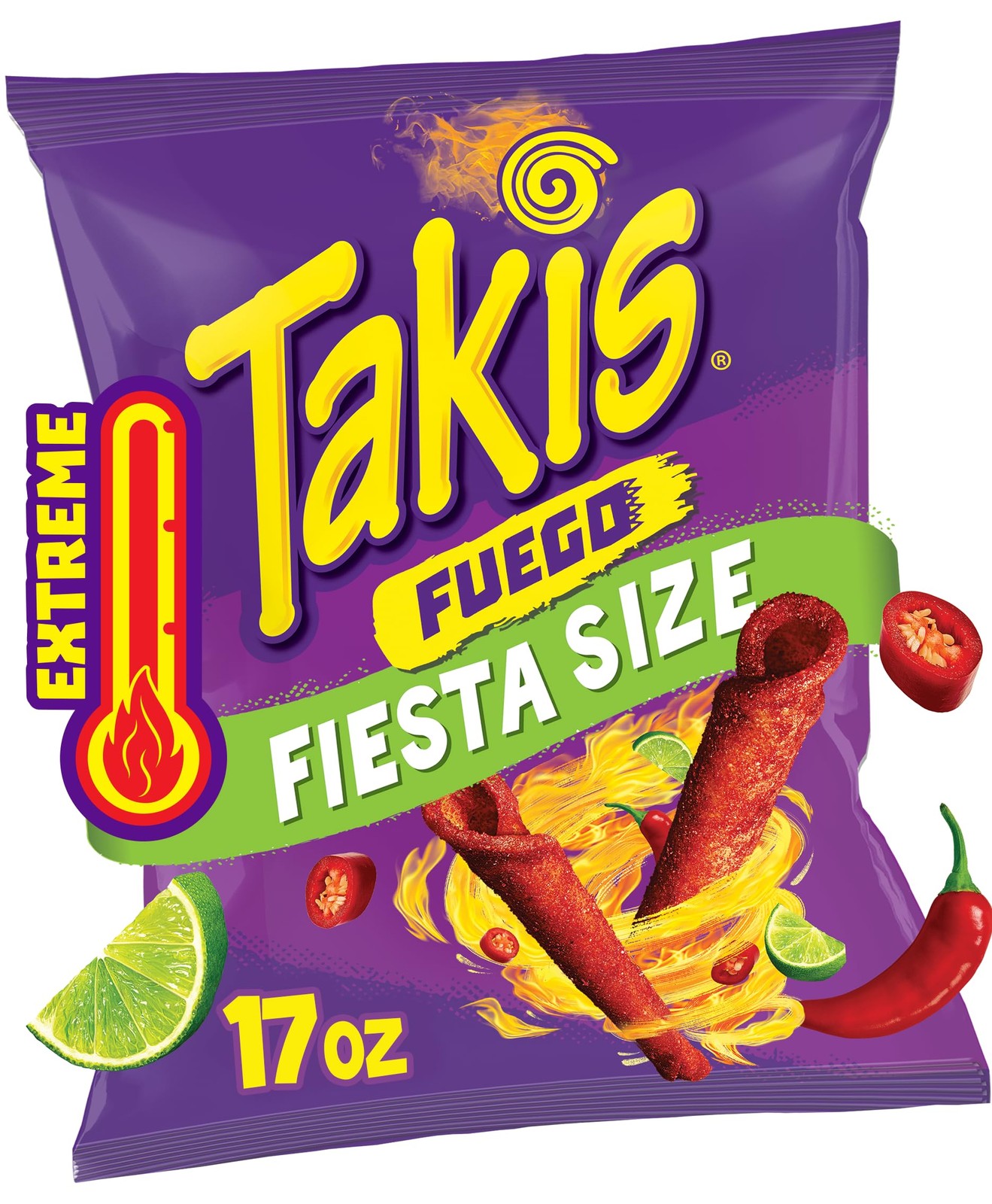 Fuego 17 oz Fiesta Size Hot Chili Pepper Lime Flavored Spicy Rolled Corn Chips