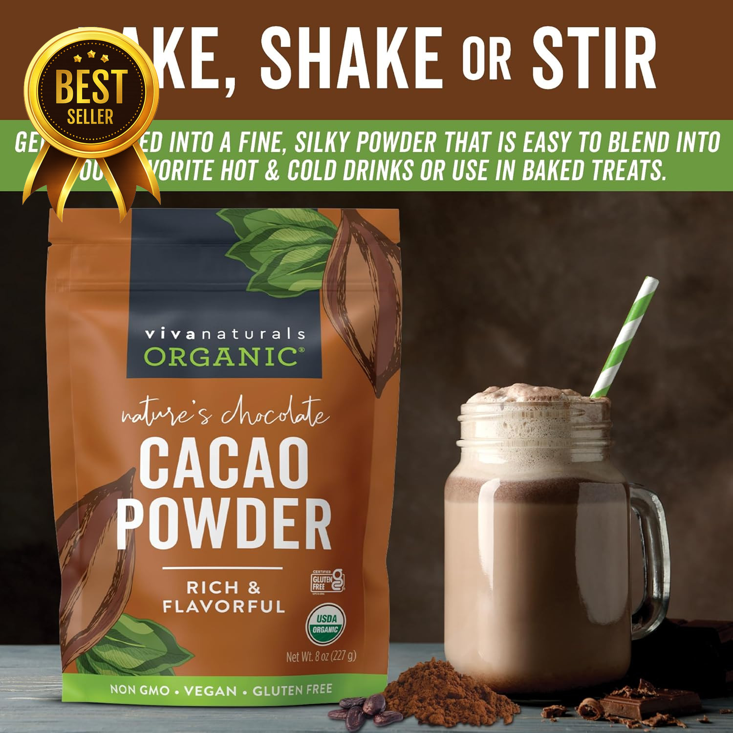 Organic Cacao Powder 8oz Unsweetened Cocoa for Baking Smoothies Vegan Gluten Fre