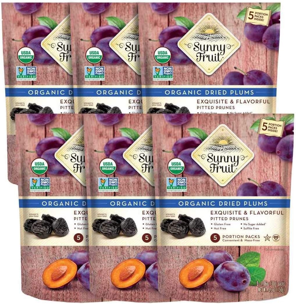 Sunny Fruit Soft Organic Prunes – 6 Bags (30 Individual Portion Packs) | No Pres