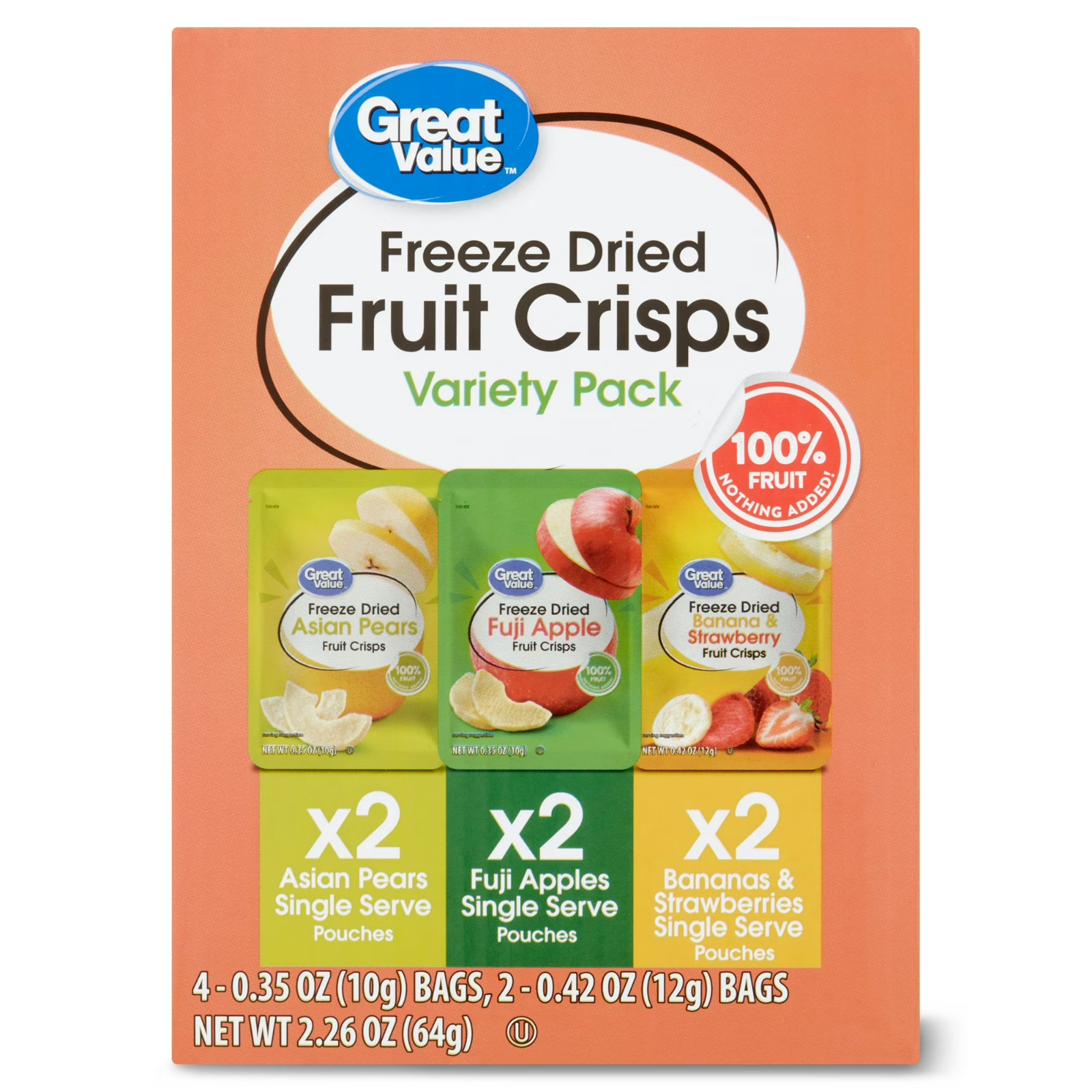 Great value Freeze Dried Fruit crisps variety Pack 6 count 2.26 oz…..