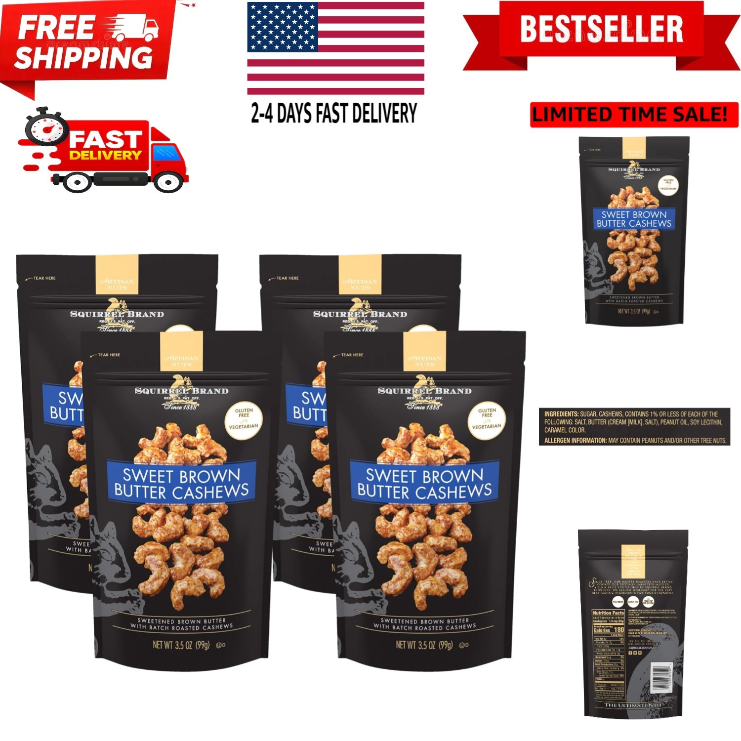 Brand Sweet Brown Butter Cashews,3.5 Ounces Resealable Bag,Gluten Free,Vegeta…