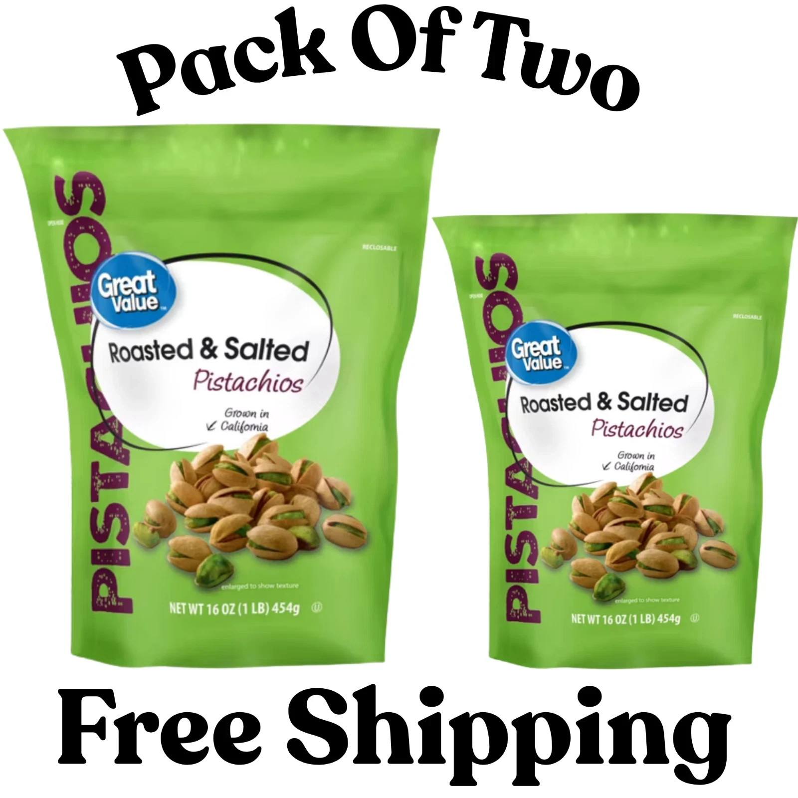 Great Value Roasted & Salted Pistachios, 16 oz Resealable Bag Pack of 2
