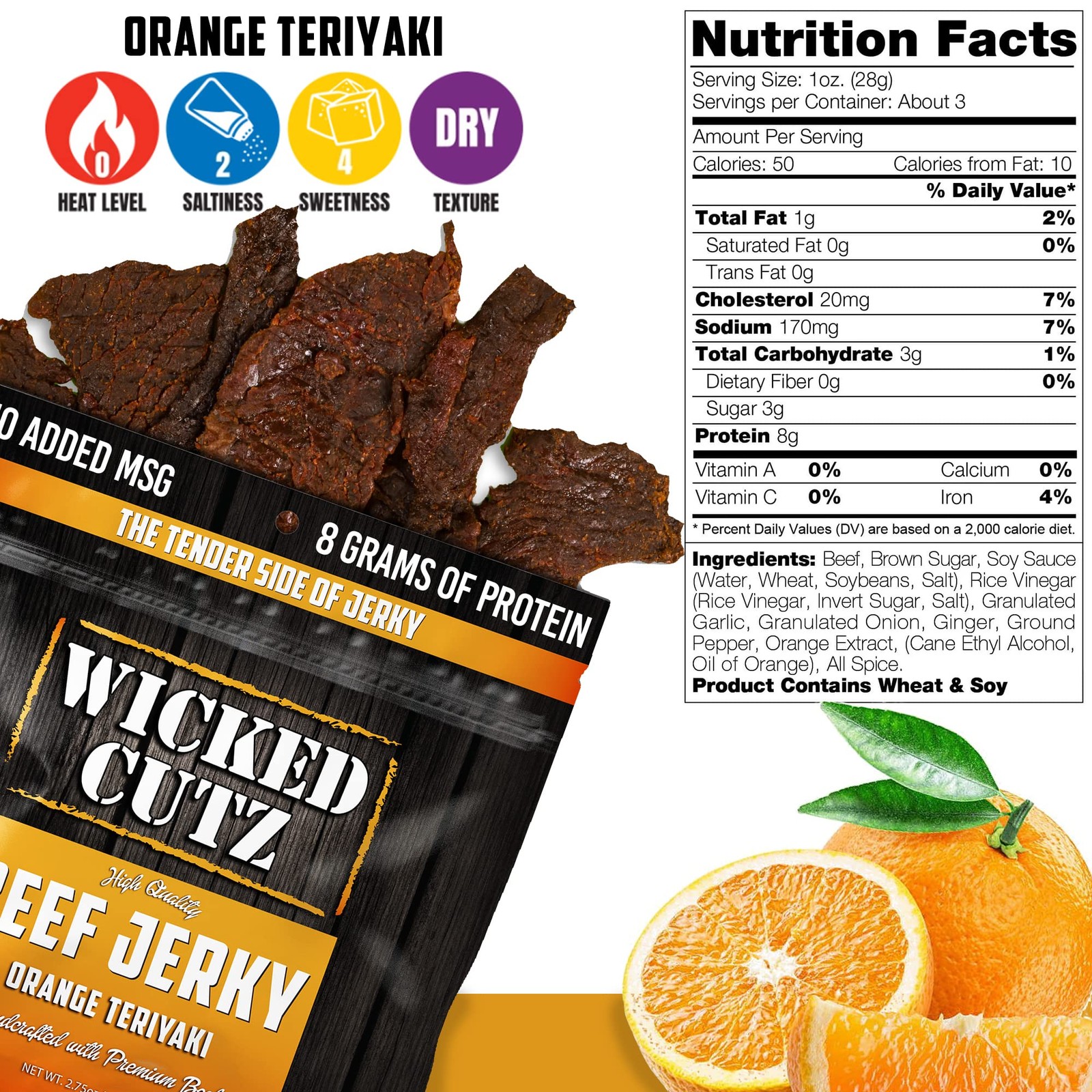 Wicked Cutz Orange Teriyaki Beef Jerky 24g Protein Per Bag Tender & Easy to C…