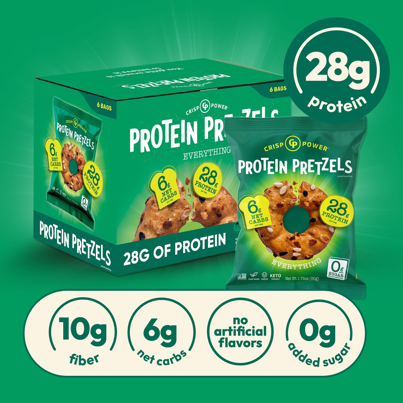 CRISP POWER Protein Pretzels, Everything, 28G Protein, 1.75 Ounce (Pack of 6)