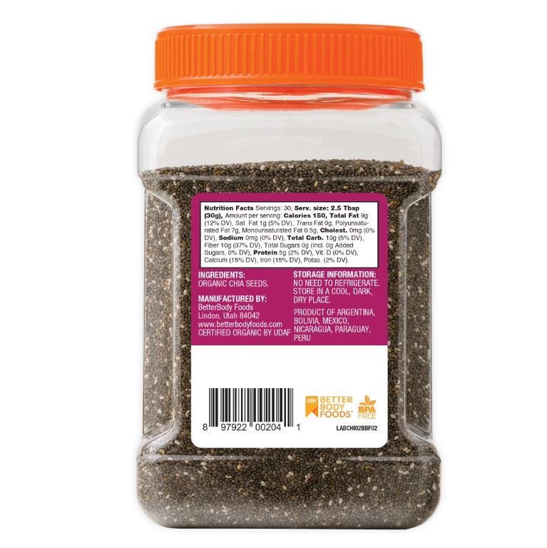 BetterBody Foods Organic Chia Seeds 2 lbs, 32 Oz, with Omega-3, Non-GMO, Gluten