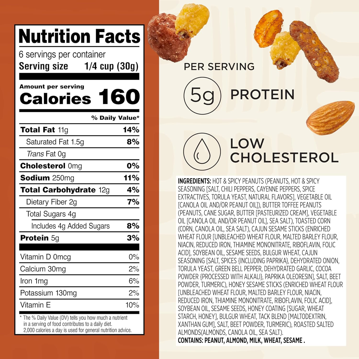 Cajun Style Snack Mix with Hot and Spicy Peanuts, Butter Toffee Peanuts, Toasted