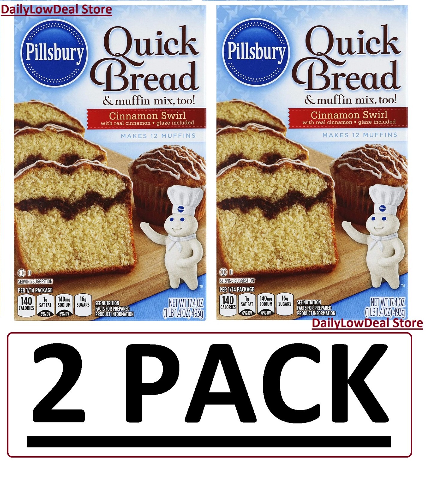 2 PACK – Pillsbury Cinnamon Swirl Quick Bread & Muffin Mix 17.4 oz (Total 34.8)