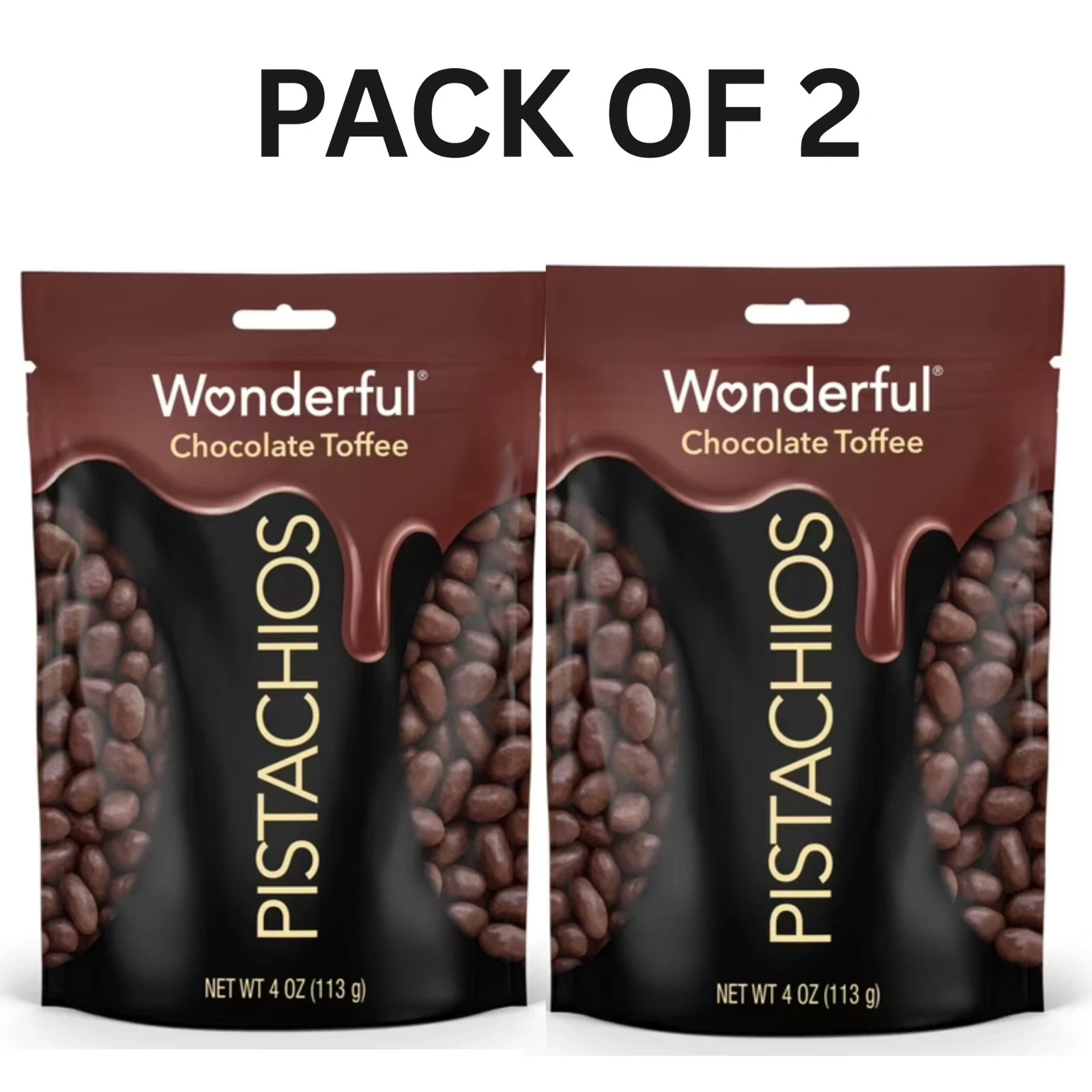 Wonderful Pistachios Chocolate Toffee, 4 Ounce Resealable Bag-pack of 2