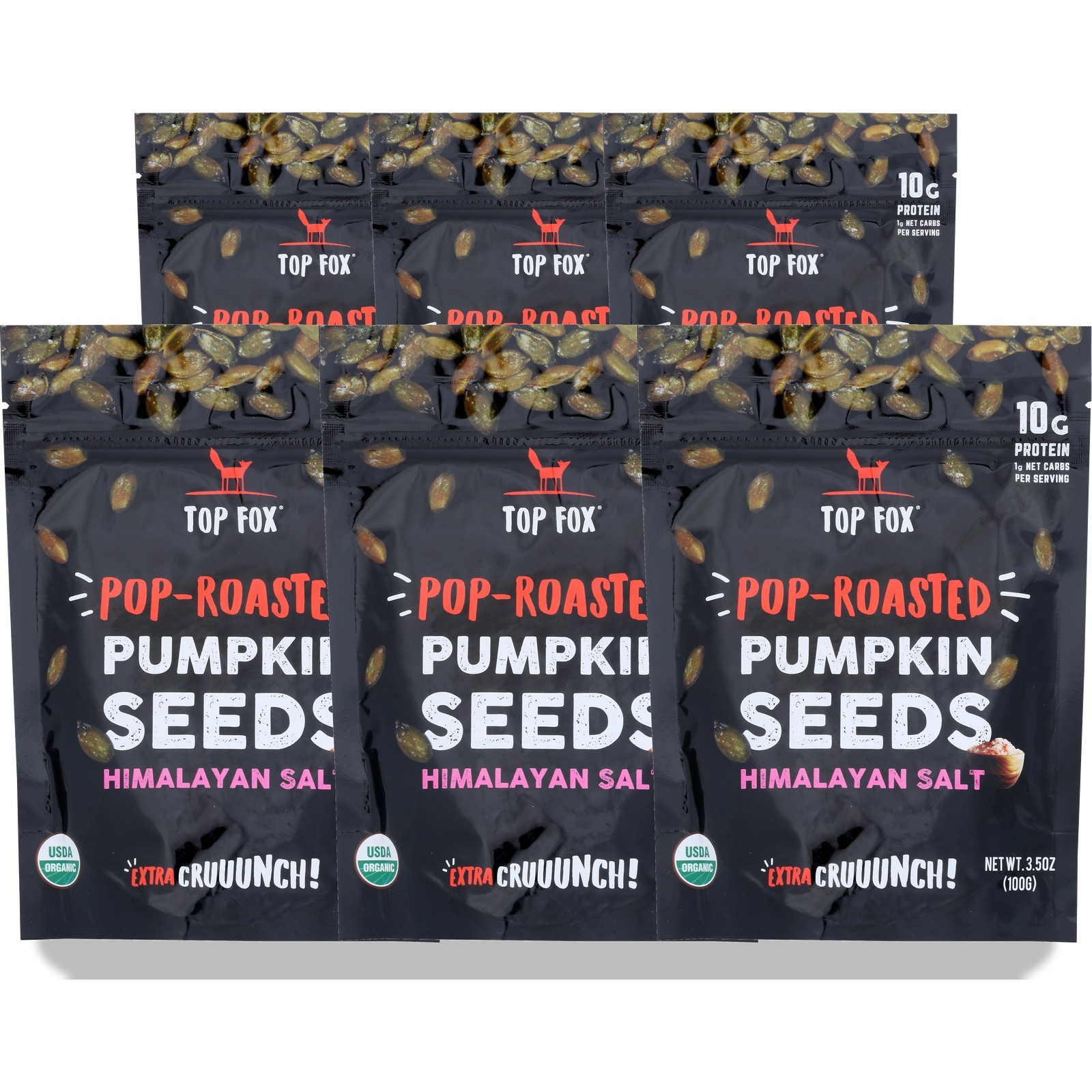 Top Fox Organic Pop Roasted Pumpkin Seeds Himalayan Salt 3.5 Oz 6 Pack