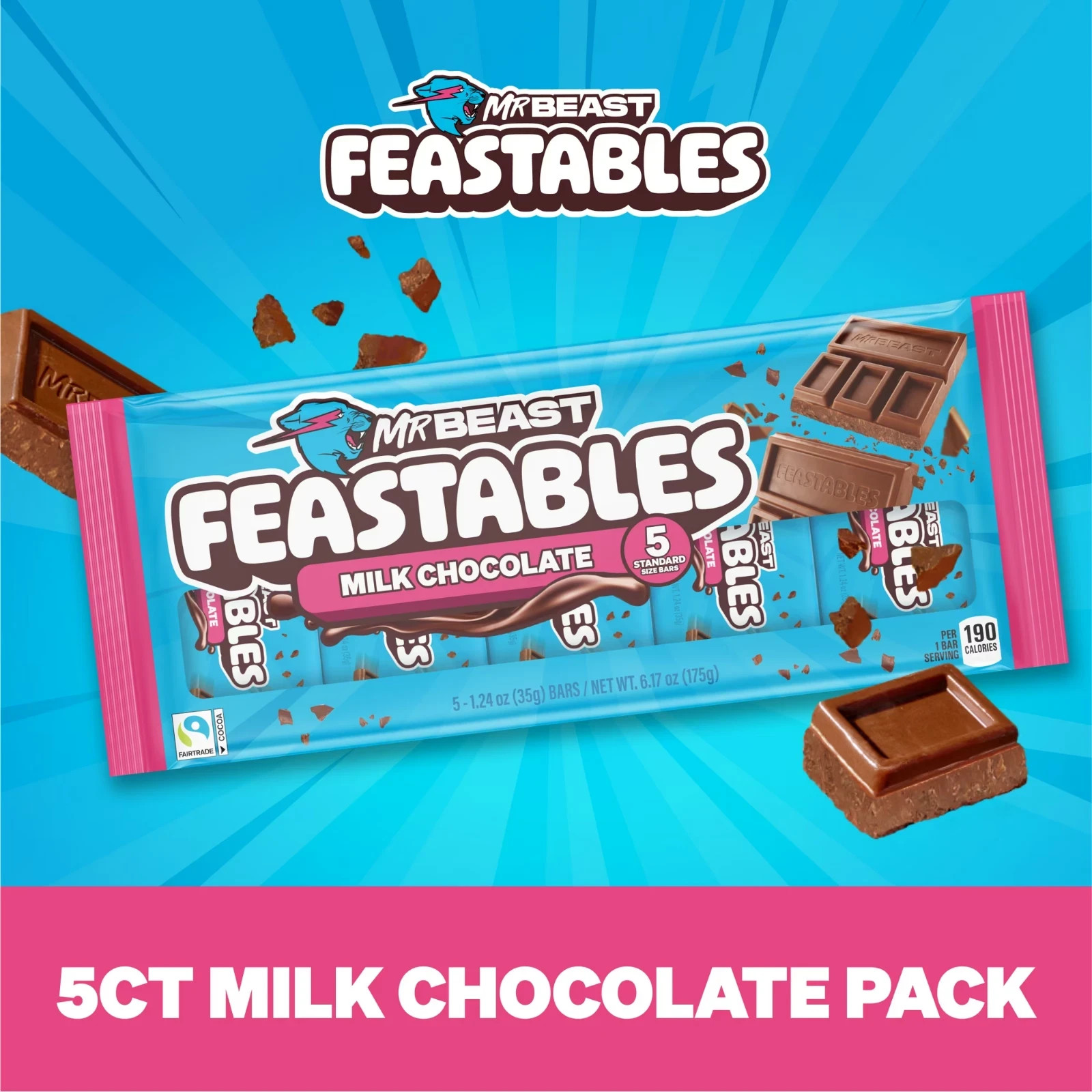 Feastables MrBeast Milk Chocolate Bar, 1.24 oz (35g), 5 Count