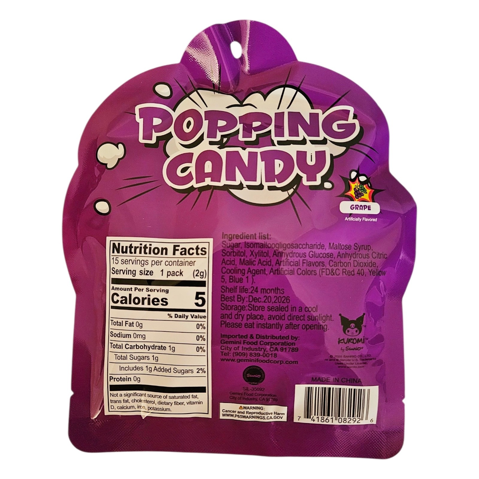 Kuromi Popping Candy Grape Flavor 30g | Pack of Three (3) |- Free Shipping !
