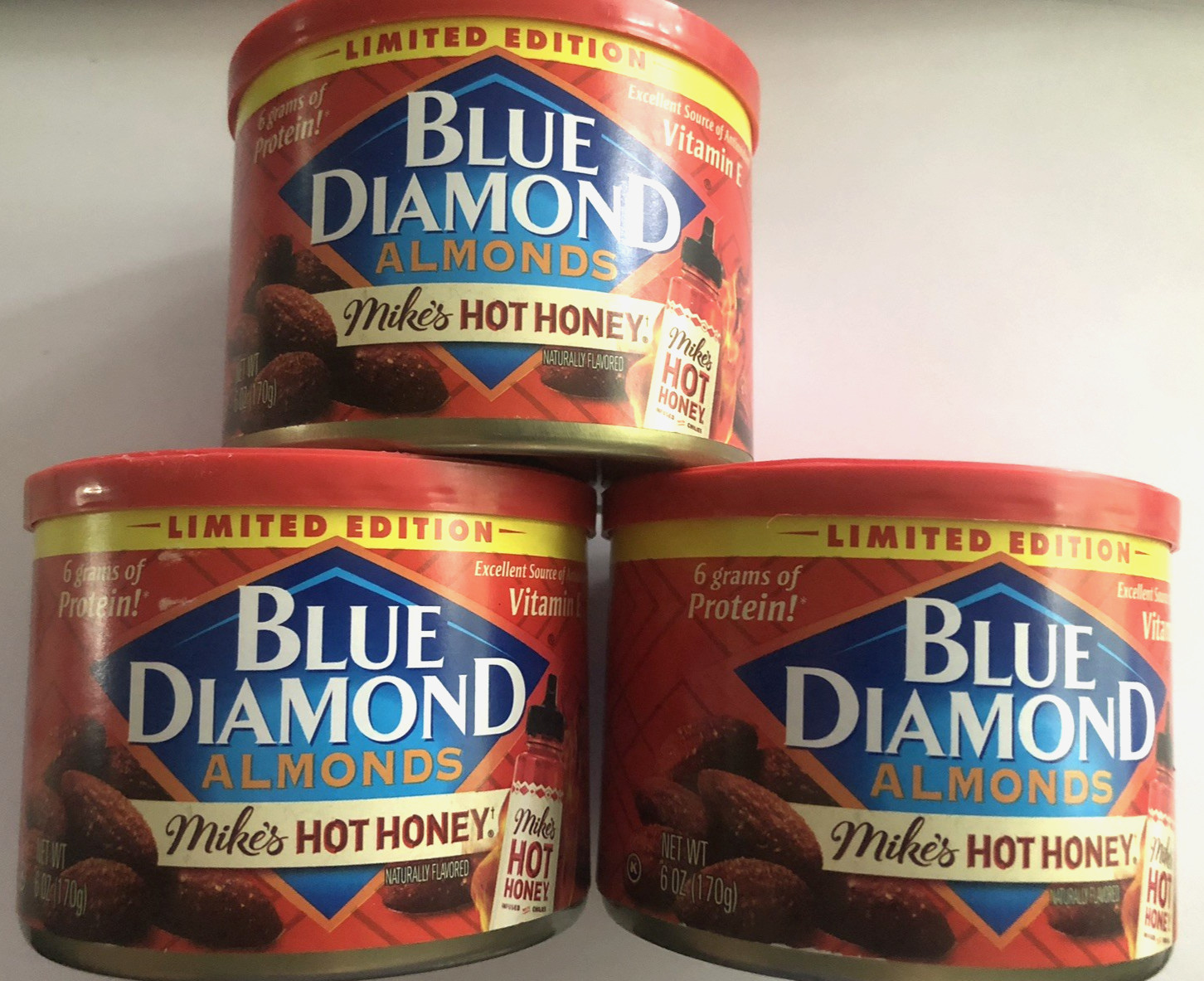 3 BLUE DIAMOND LIMITED EDITION Mike’s HOT HONEY ALMONDS 6 oz cans bb 1/12/2029