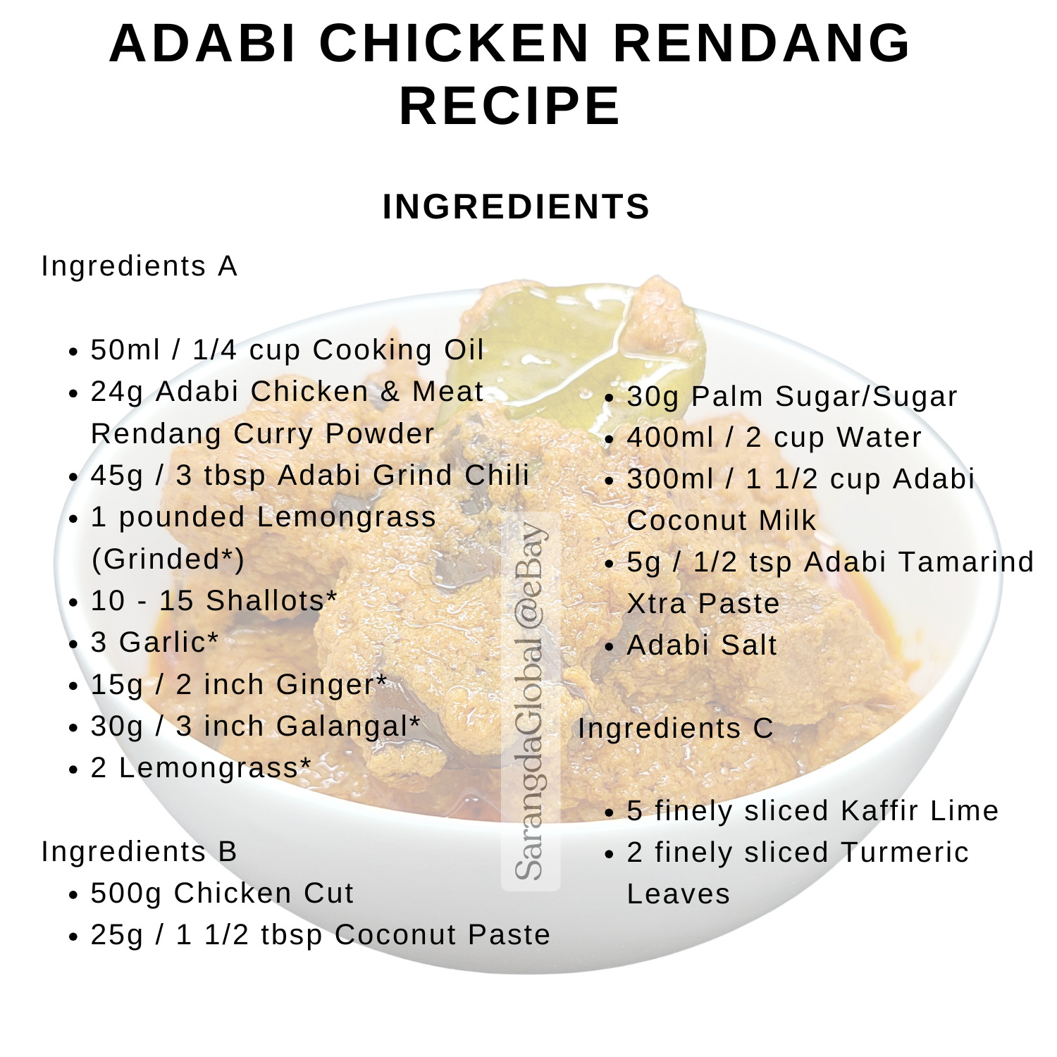 Adabi Chicken and Meat Rendang Powder 24 gm x 10 packs Fast Shipping Malaysia