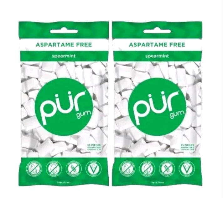PUR Xylitol Chewing Gum SPEARMINT (55 Pieces, 2 Pack) Sugarless Vegan Pure