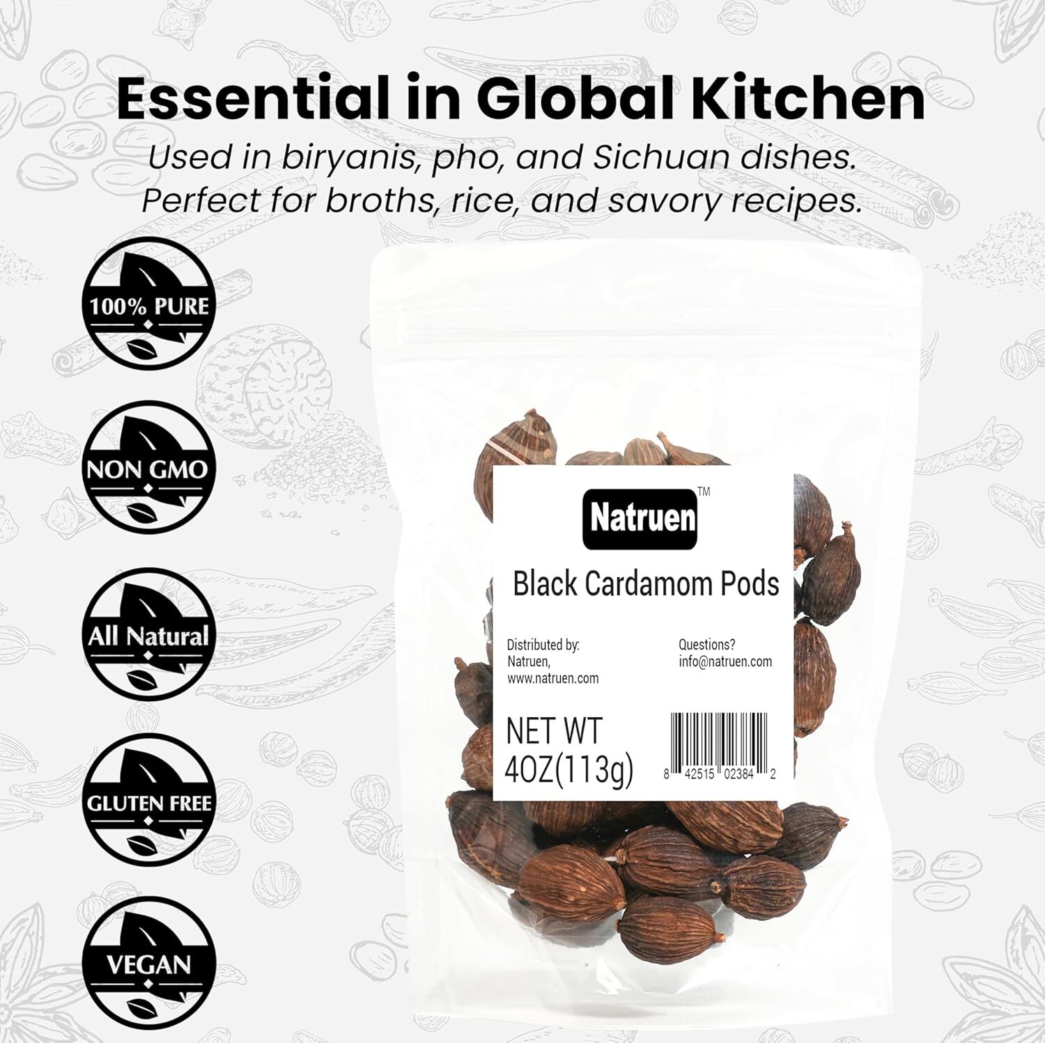 Natruen Black Cardamom Pods Whole (Tsao Ko) 4 Ounces
