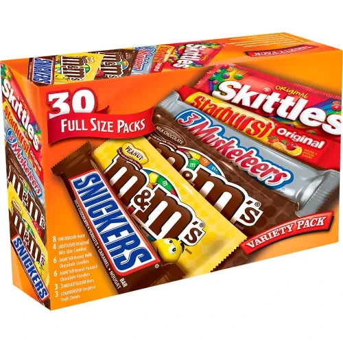 Mars M&M’s, SNICKERS, SKITTLES, STARBURST & 3 MUSKETEERS Full Size Bars 30 unit