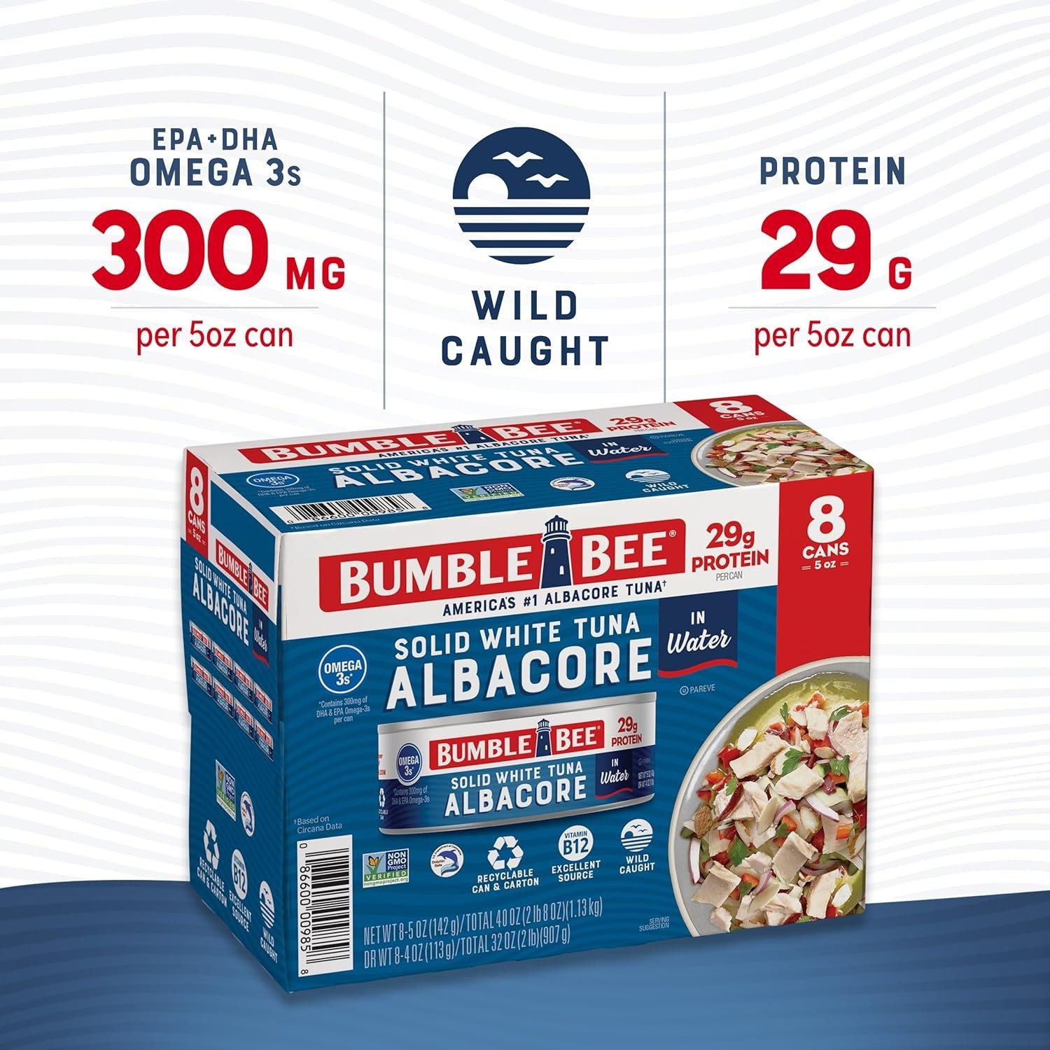 Bumble Bee Solid White Albacore Tuna in Water, 5 oz. (Pack of 8) Wild Caught