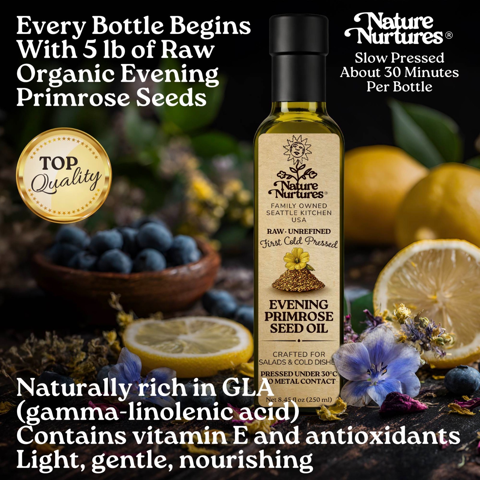 Evening Primrose Oil Raw Unrefined First Cold-Pressed Below 30C Made in USA