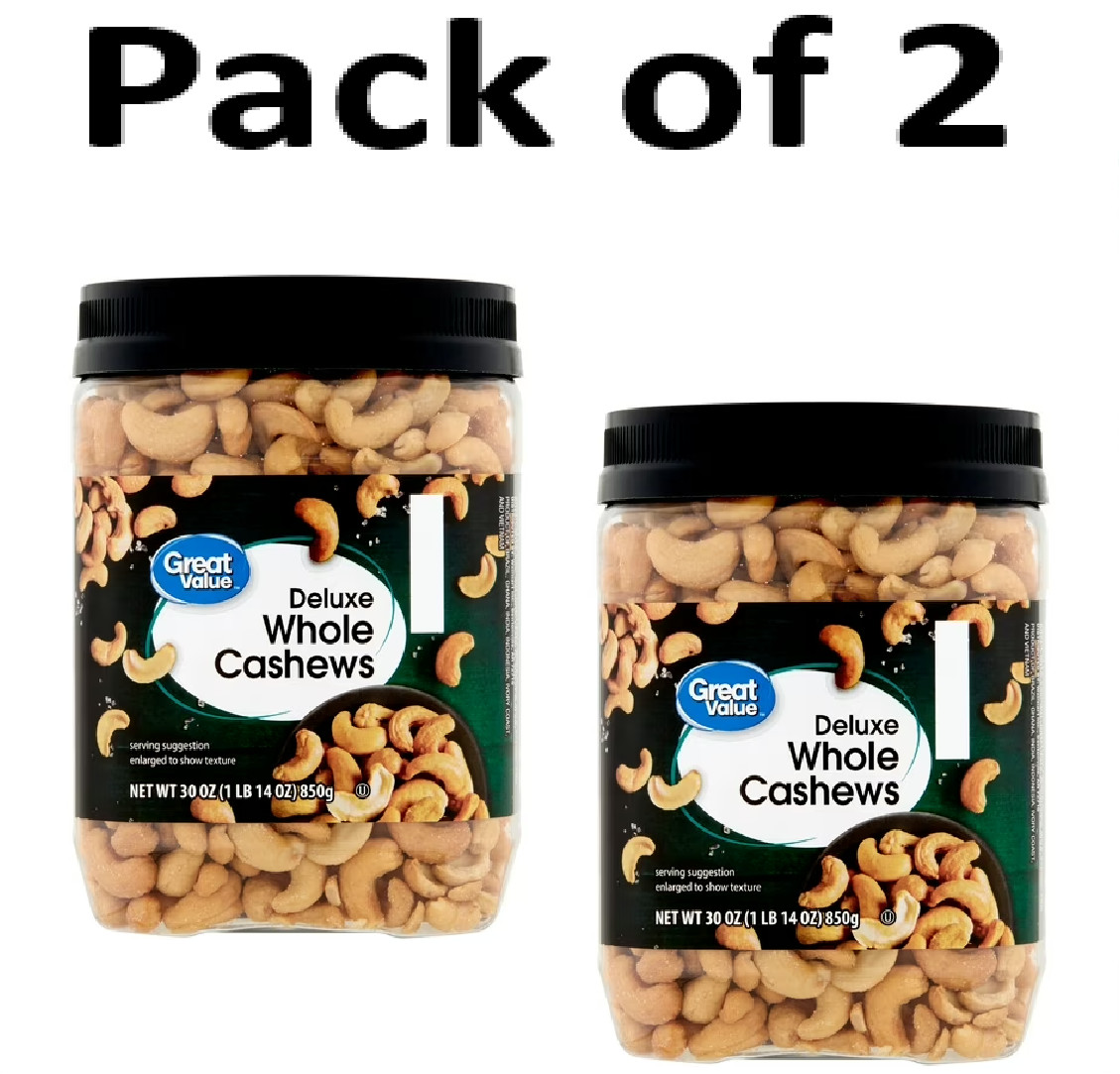 2 pk Great Value Deluxe Whole Cashews, 30 oz