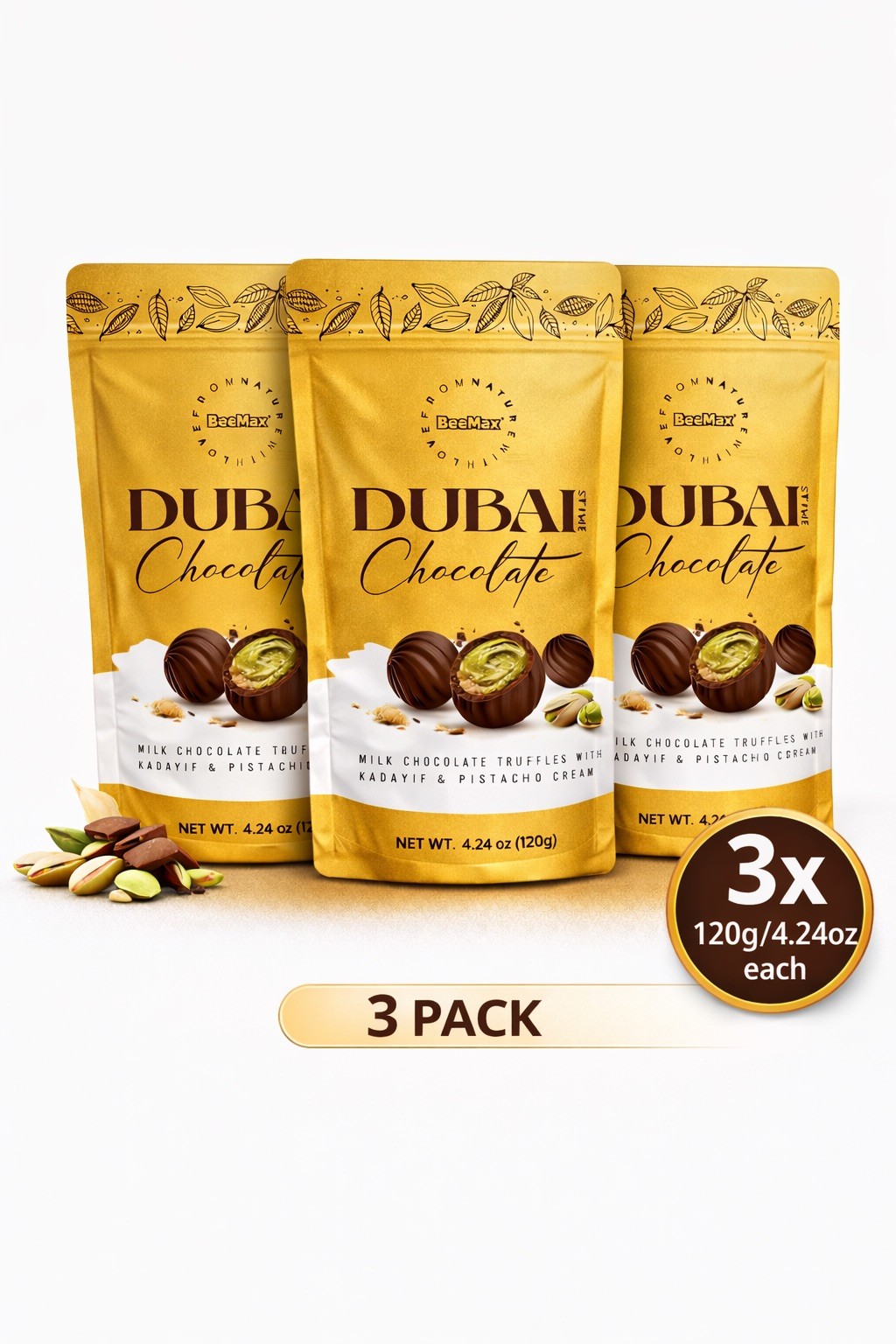 3 PCS Bag Beemax Dubai Chocolate Truffles Pistachio Cream Filled Milk Choco Ball