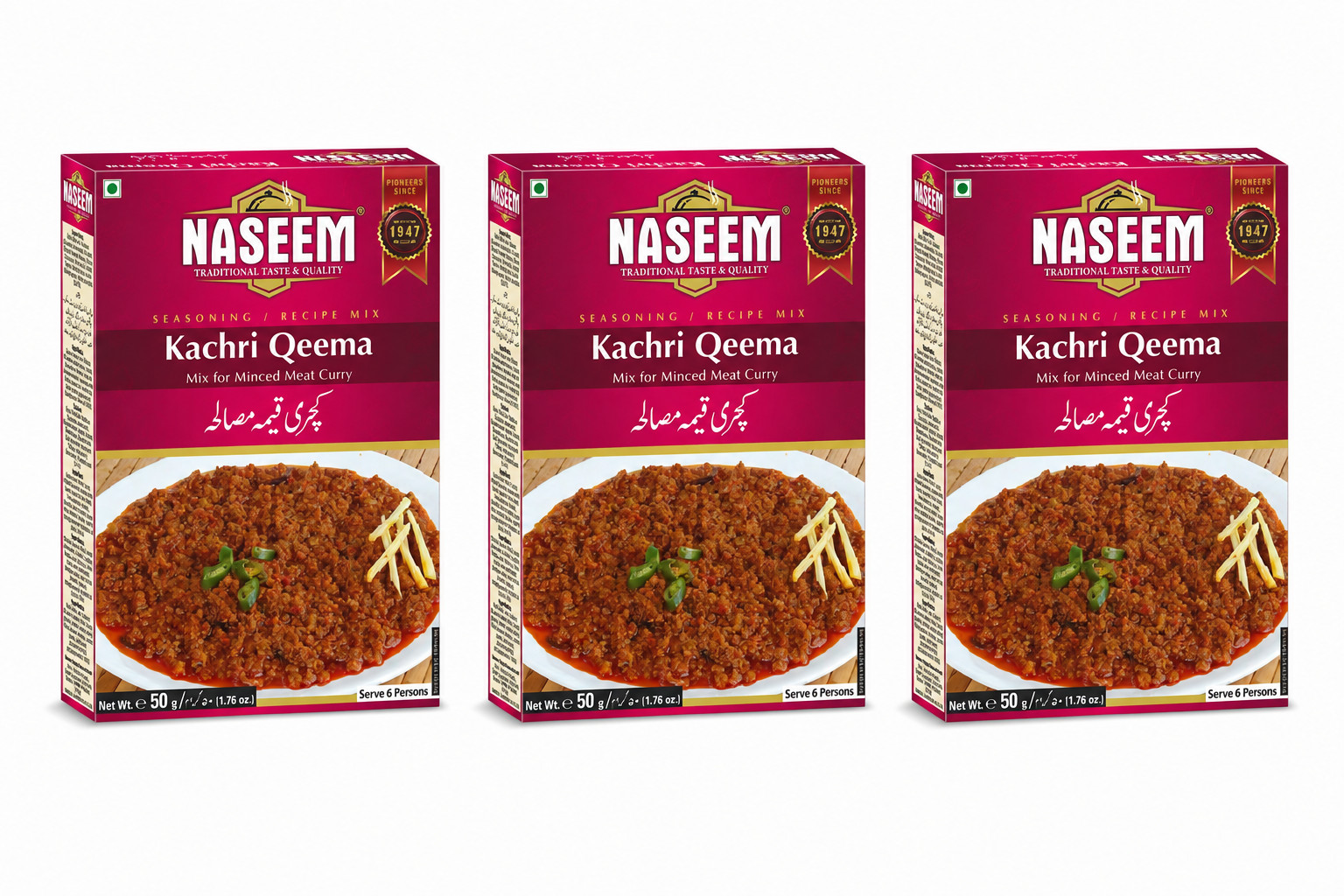 Pack of 3 Naseem Kachri Qeema Recipe Masala 50g Traditional Mince Spice Mix