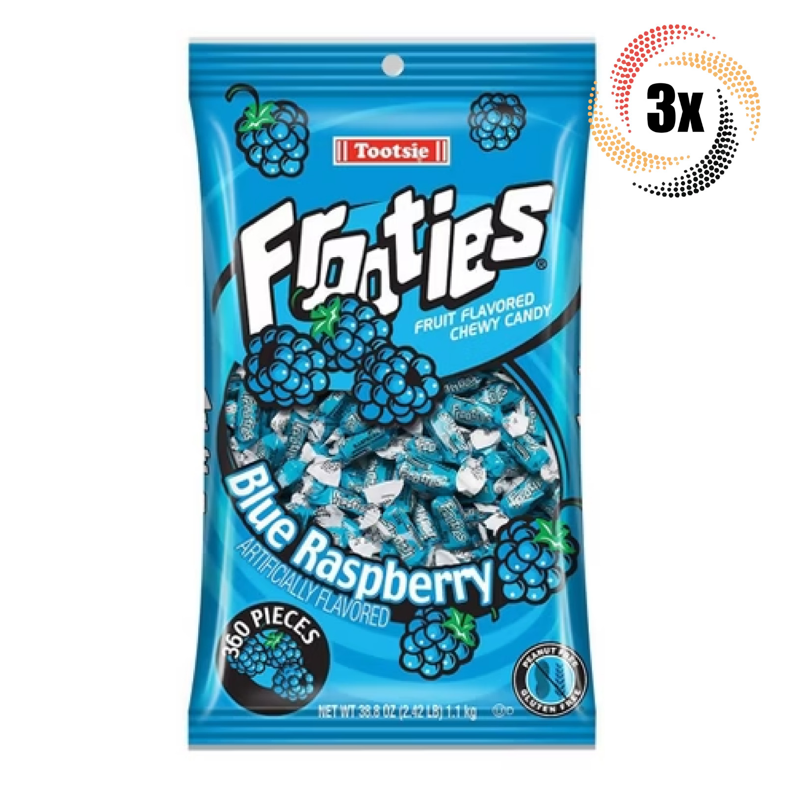 3x Bags Tootsie Frooties Blue Raspberry Fruit Flavored Chewy Candy | 360 Pieces