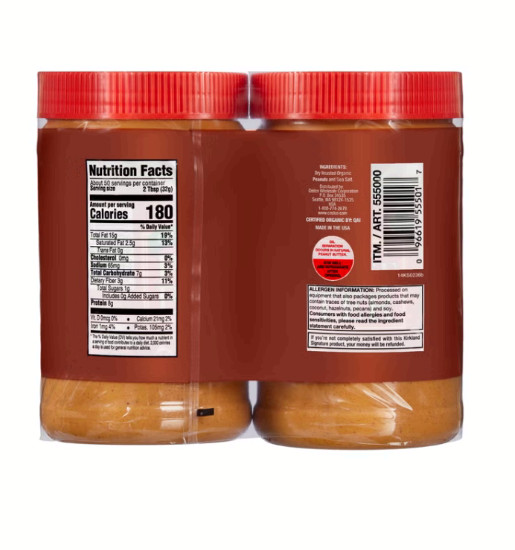 2 Jars Kirkland signature creamy Organic Peanut Butter 28 oz FREE SHIP