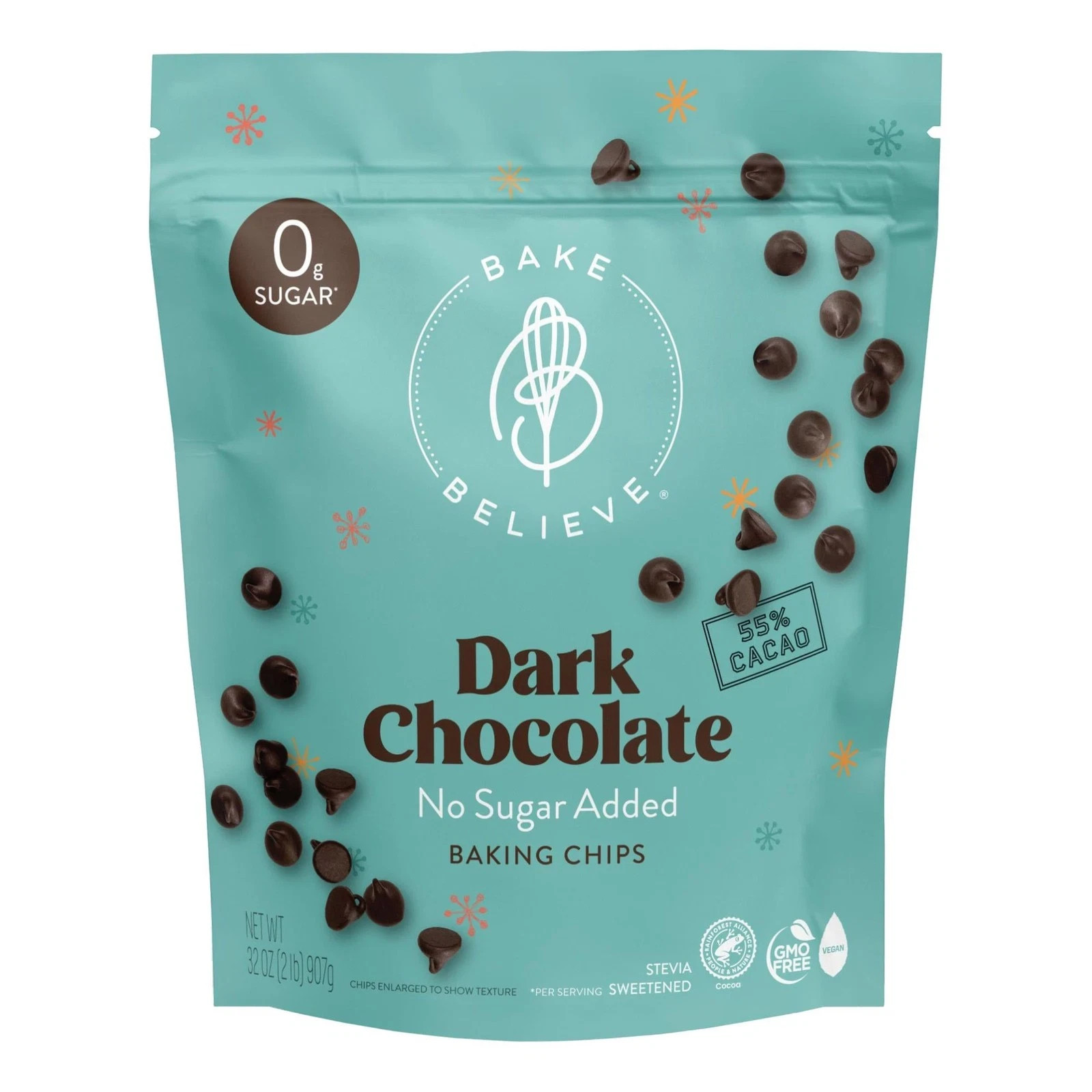 Bake Believe Dark Chocolate Flavored No Sugar Added Baking Chips, Resealable Bag