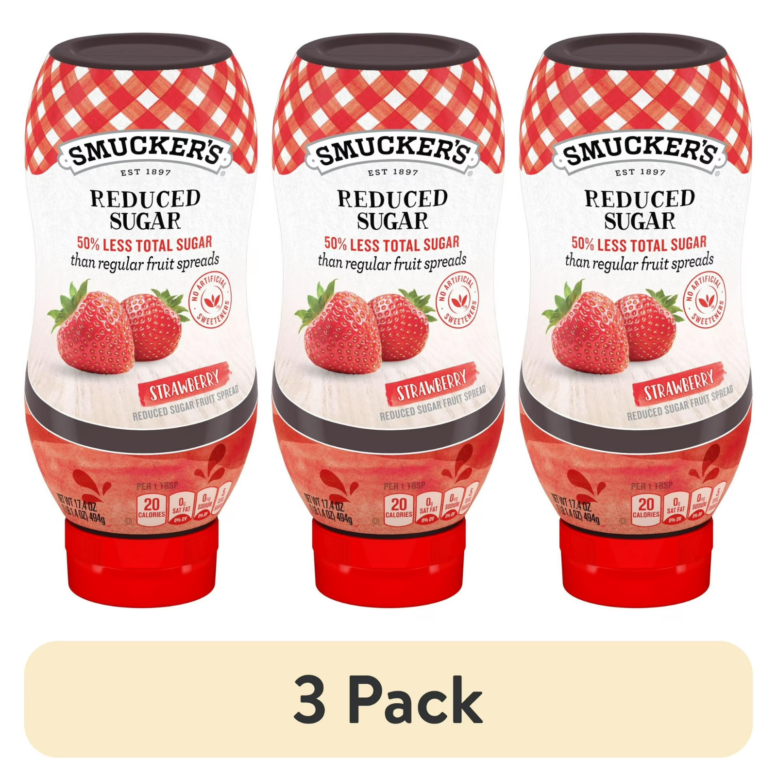 (3 pack) Smucker’s Squeezable Reduced Sugar Strawberry Fruit Spread, 17.4 oz