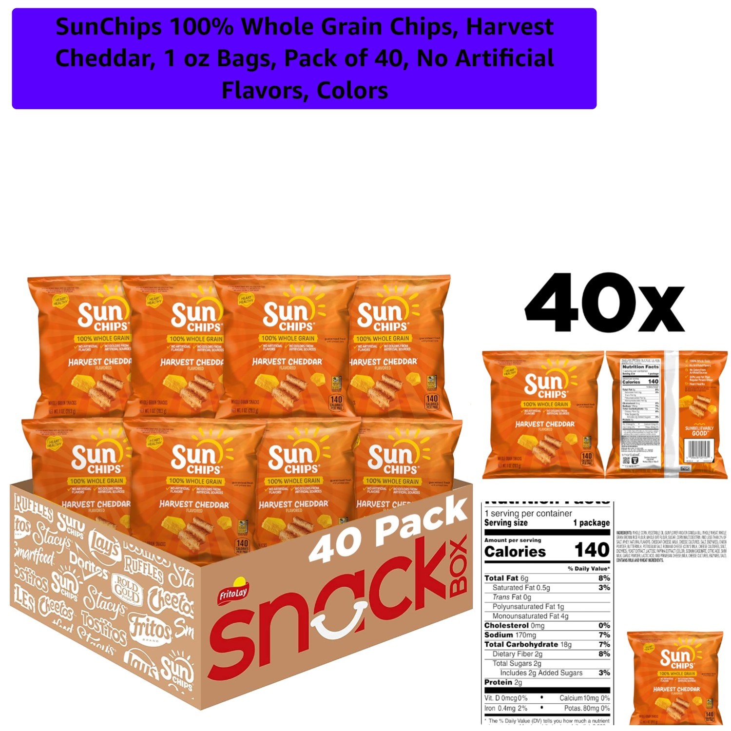 Whole Grain Chips 1 oz Bags – Harvest Cheddar, No Artificial Flavors, 40 Count